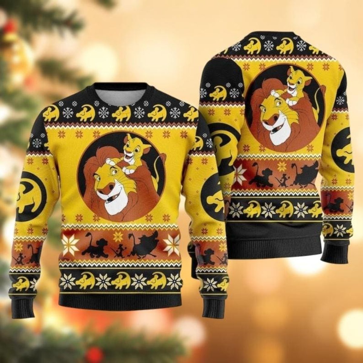 Lion King Simba And Mufasa Yellow Ugly Christmas Sweater Funny Holiday Knit Gift