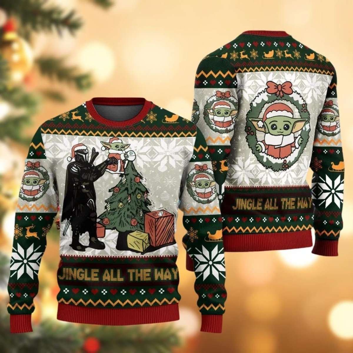 Mandalorian Baby Yoda Jingle All The Way Green Ugly Christmas Sweater Funny Knit Gift