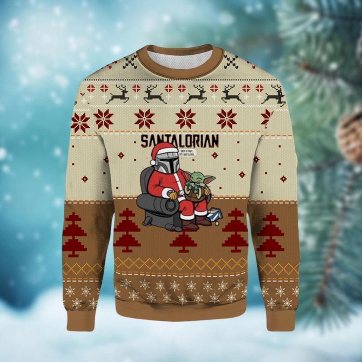 The Mandalorian Beige Ugly Christmas Sweater Funny Santalorian Baby Yoda Holiday Knit Jumper