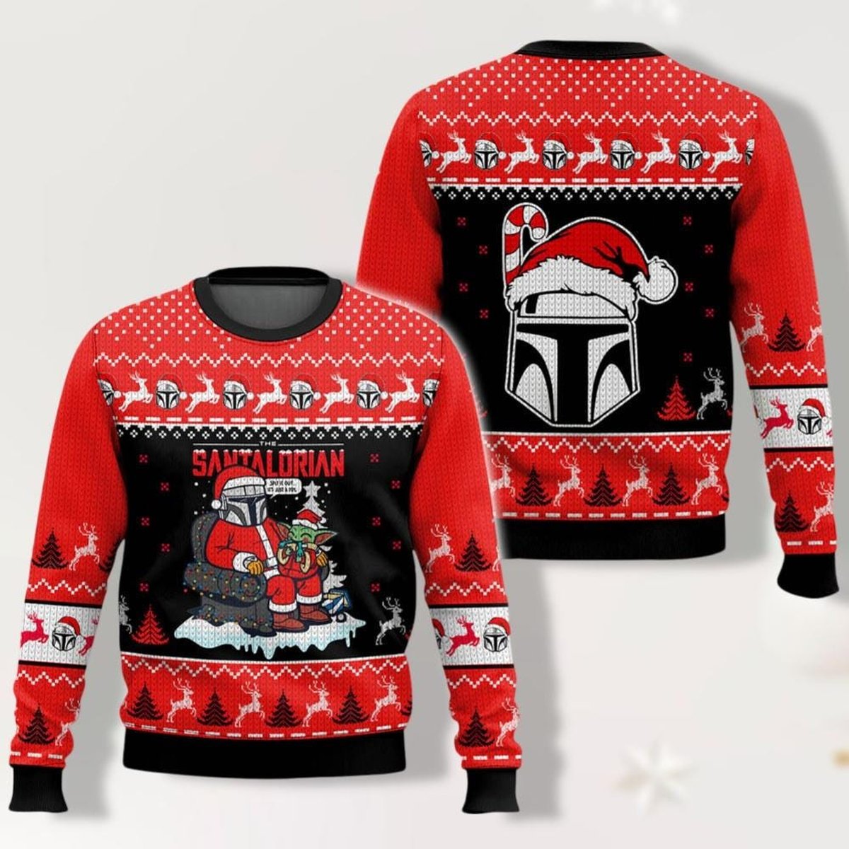 The Mandalorian Santa Grogu Santalorian Christmas Ugly Sweater Red Black Jumper