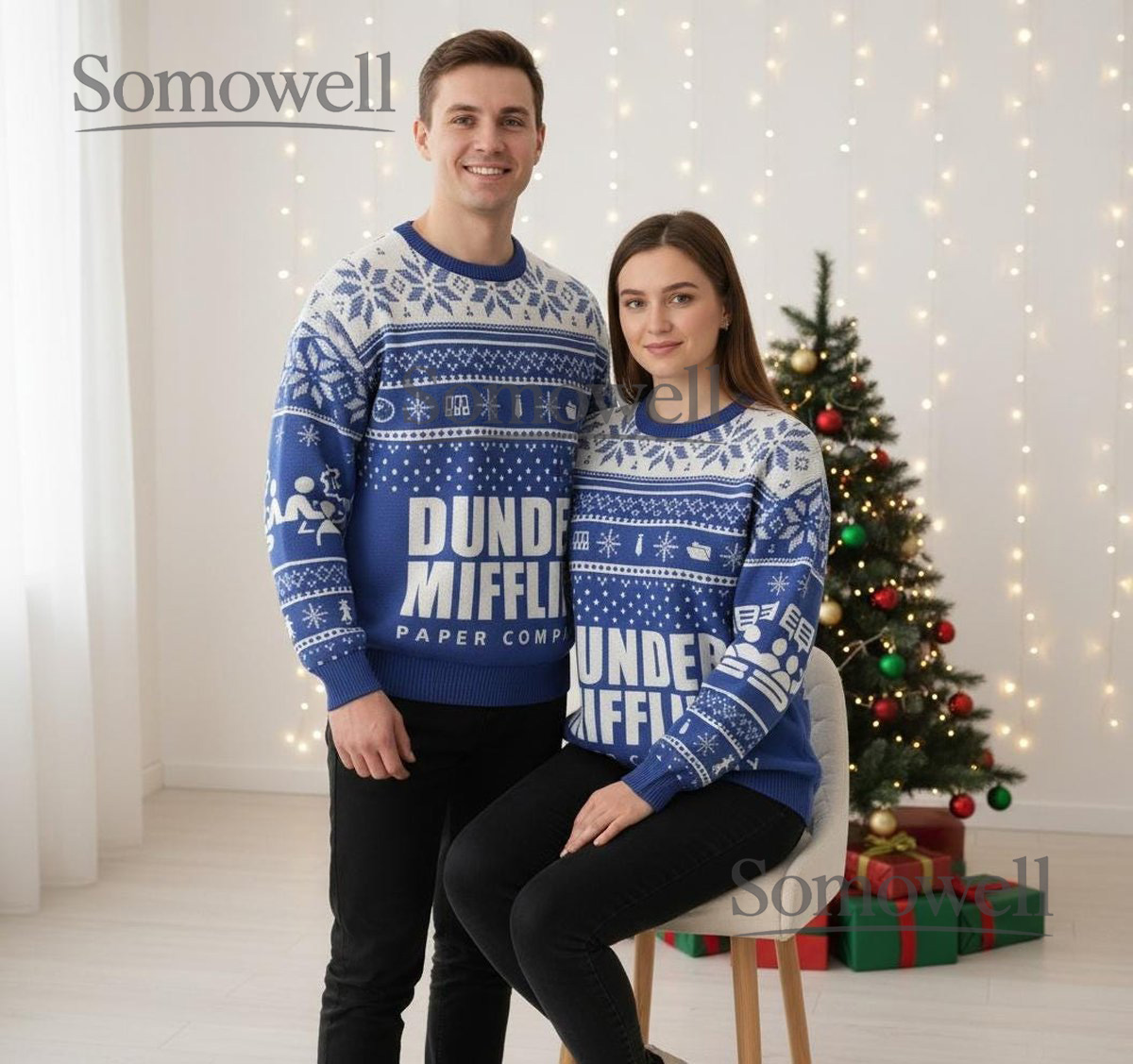 Dunder Mifflin The Office Christmas Sweater Blue Snowflake Pattern Holiday Gift