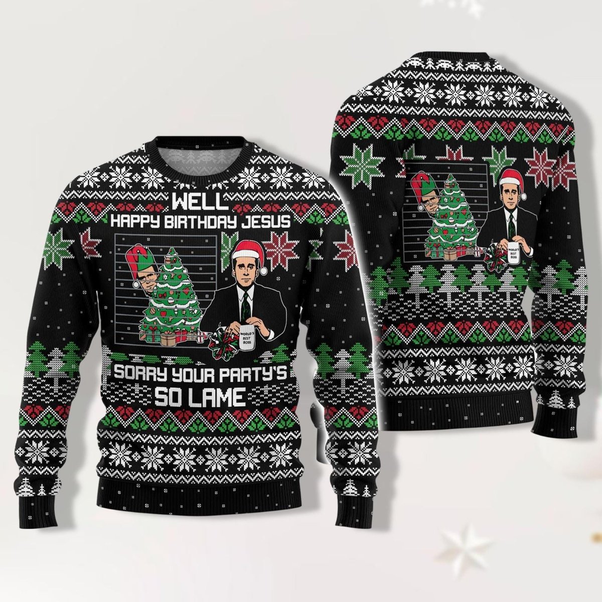 The Office Happy Birthday Jesus Sorry Your Party’s So Lame Christmas Ugly Sweater Black Jumper