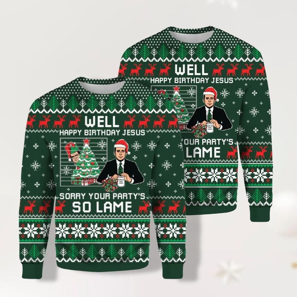The Office Happy Birthday Jesus Sorry Party So Lame Green Christmas Ugly Sweater Jumper