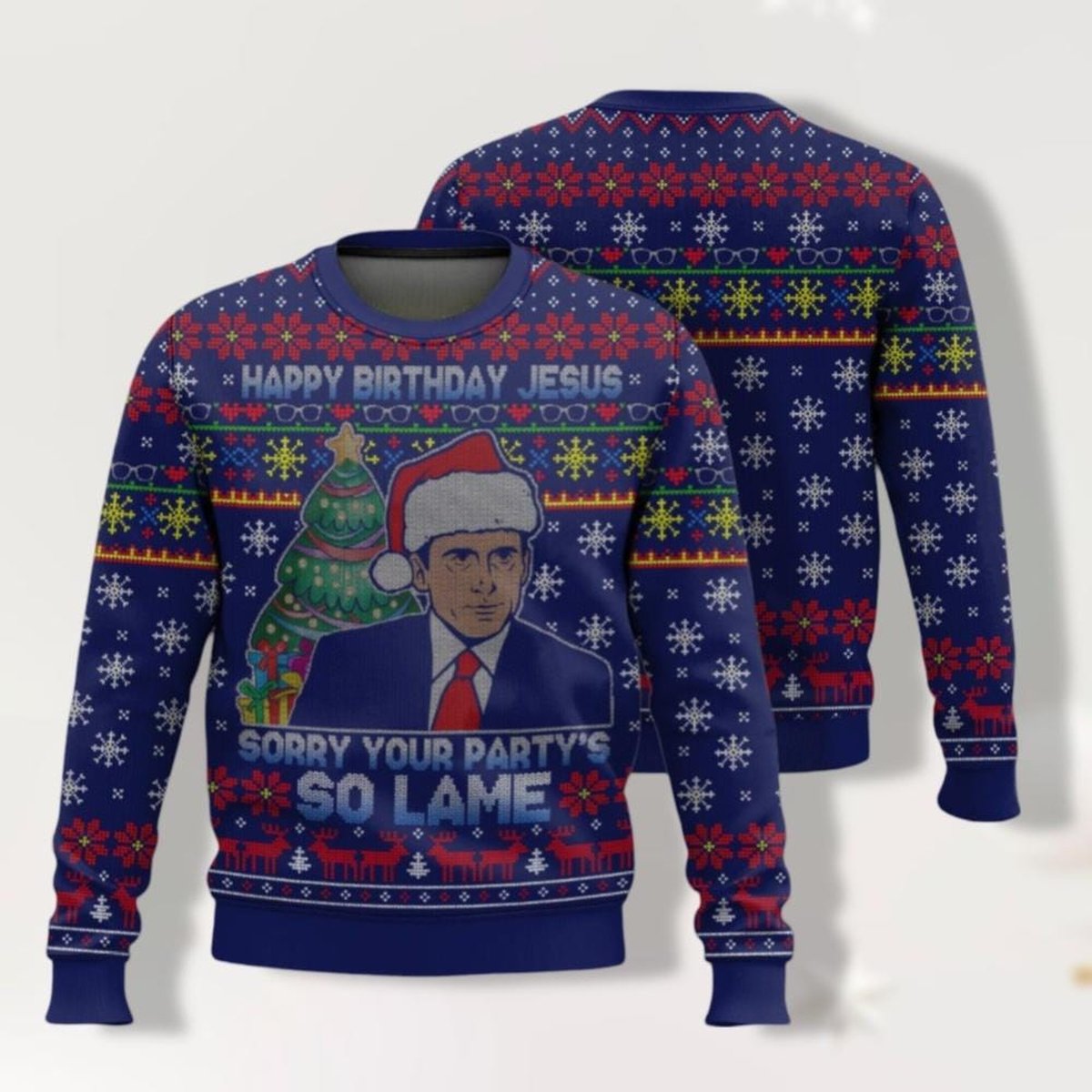 The Office Happy Birthday Jesus Sorry Your Party’s So Lame Funny Blue Christmas Ugly Sweater Jumper