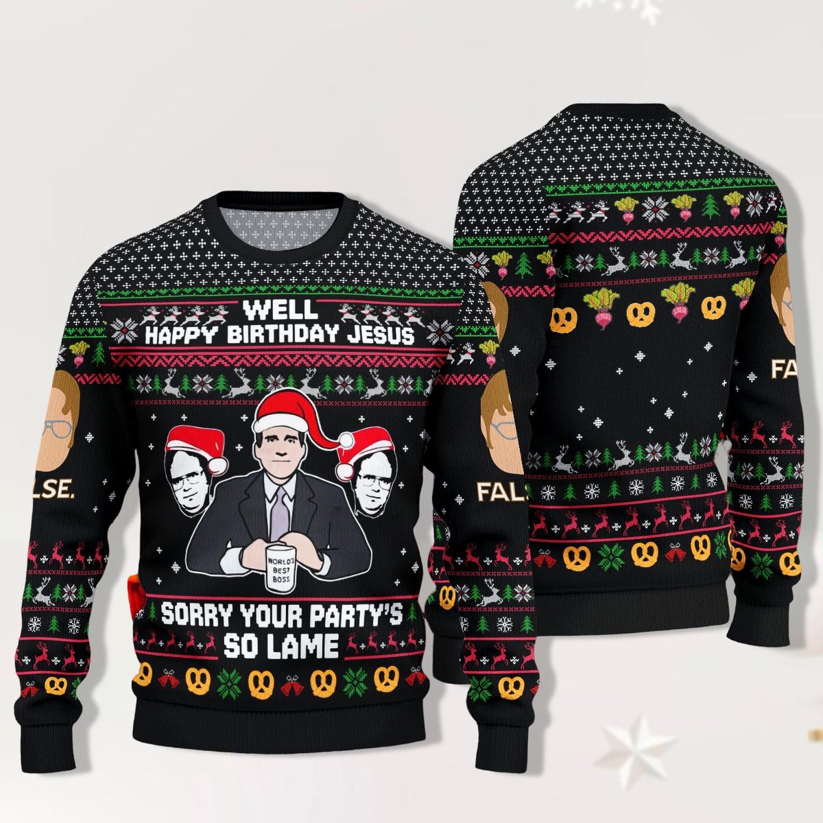 The Office Happy Birthday Jesus Funny Dwight False Christmas Ugly Sweater Black Jumper