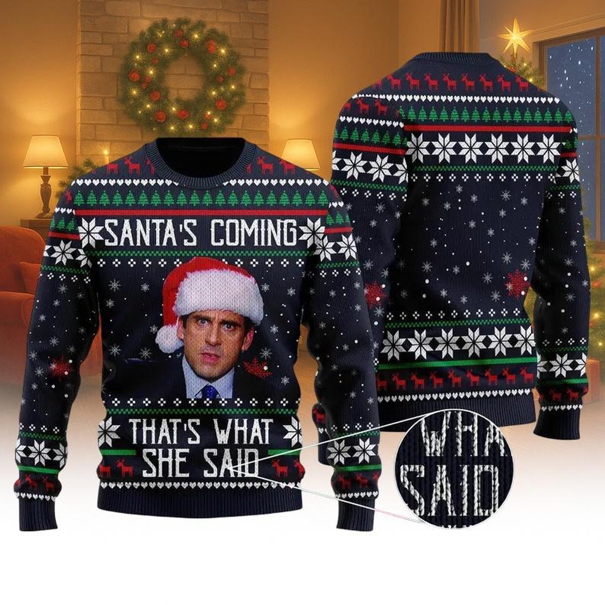 The Office Black Ugly Christmas Sweater Santa’s Coming That’s What She Said Funny Knit Jumper