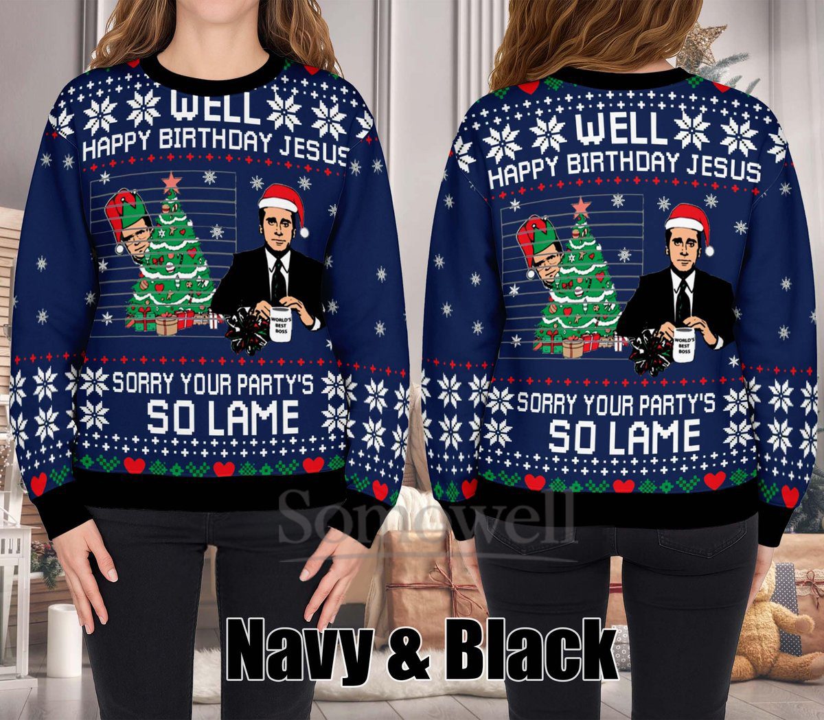 The Office Happy Birthday Jesus Ugly Christmas Sweater Funny Navy Holiday Knit Jumper