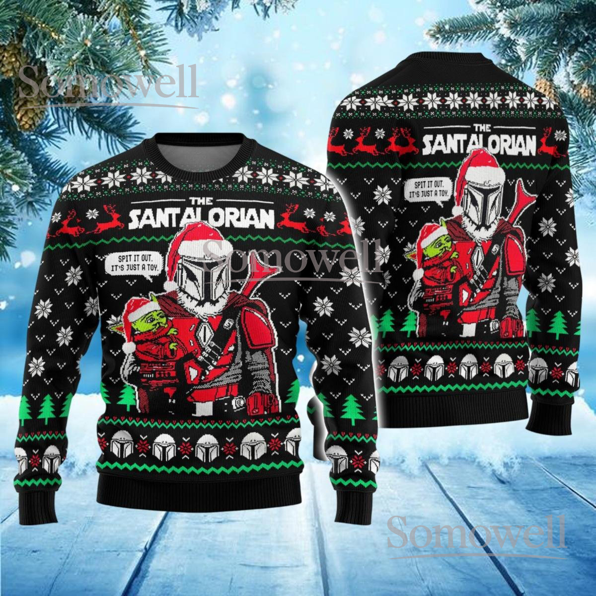 The Santalorian Ugly Christmas Sweater Funny Baby Yoda Star Wars Parody Holiday Knit Jumper Gift