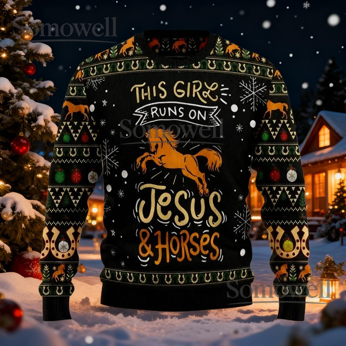 This Girl Runs on Jesus and Horses Black Ugly Christmas Sweater Faith Rider Holiday Knit Jumper
