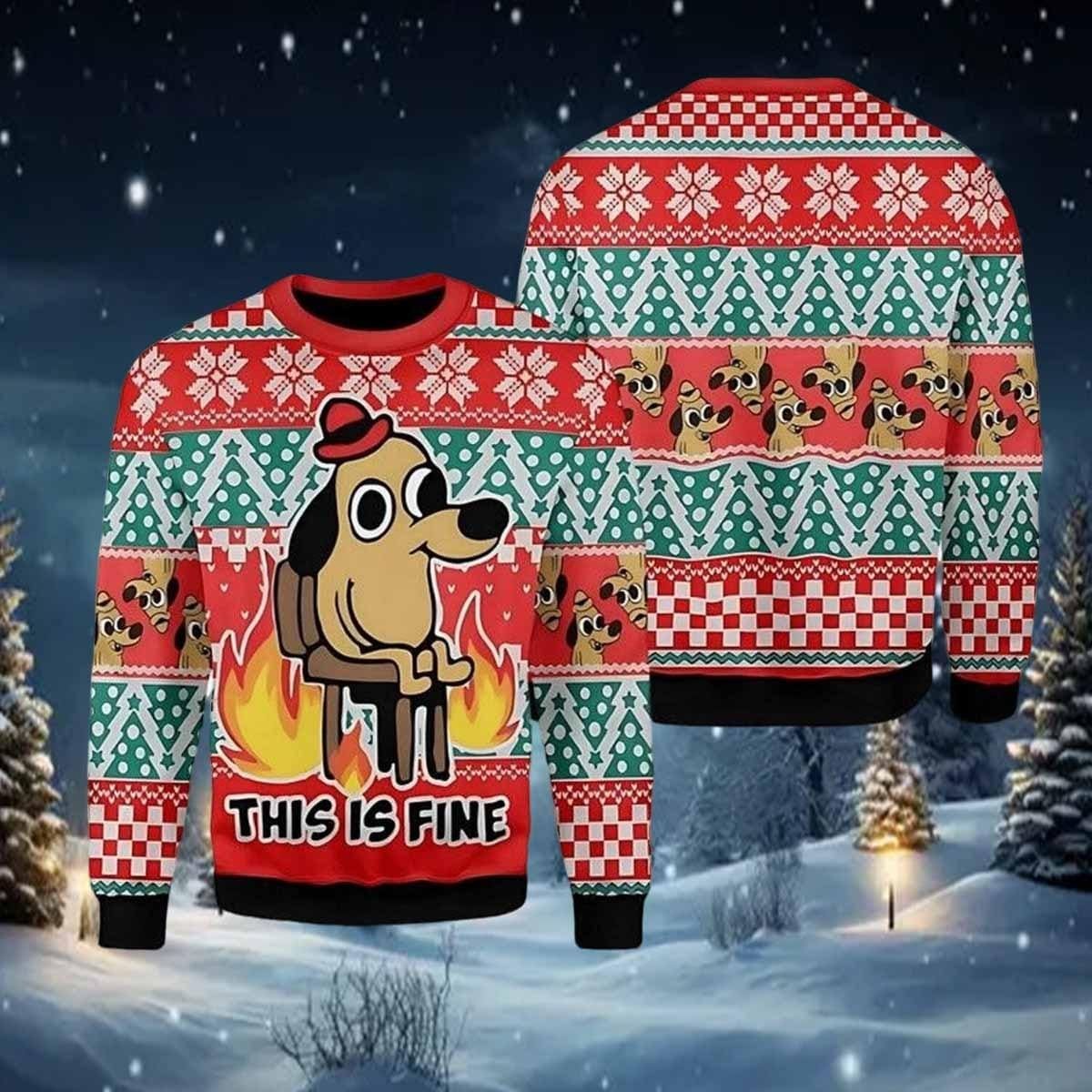 This Is Fine Meme Ugly Christmas Sweater Funny Dog Fire Cartoon Holiday Pullover Gift