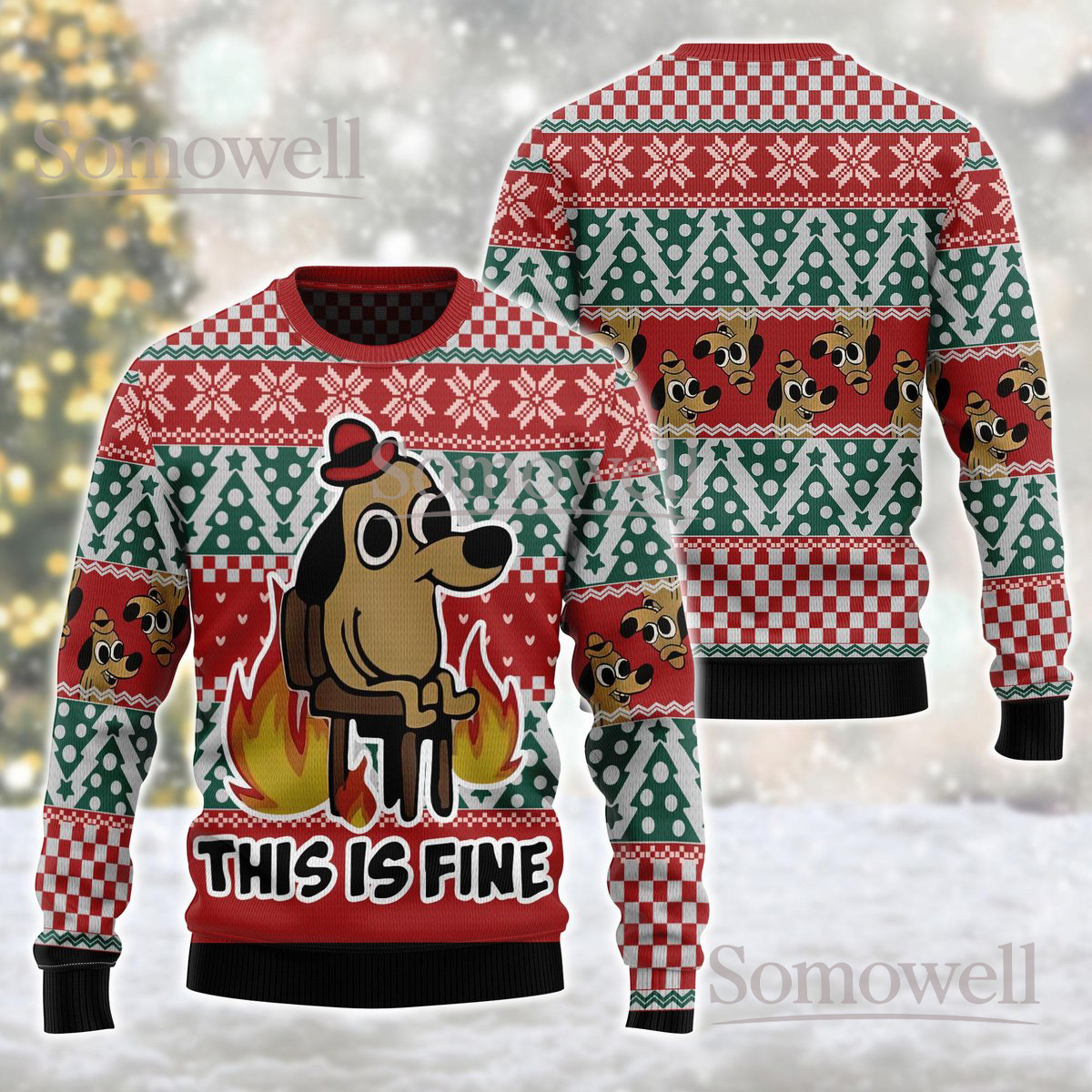 This Is Fine Meme Ugly Christmas Sweater Funny Dog Cartoon Fire Holiday Knit Jumper Gift