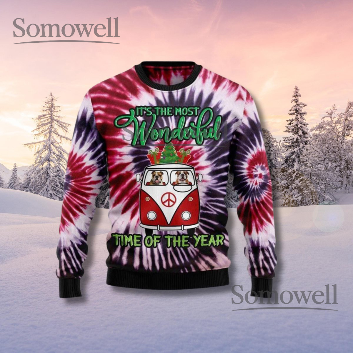 Tie Dye Christmas Ugly Sweater Retro Dog Van Holiday Knit