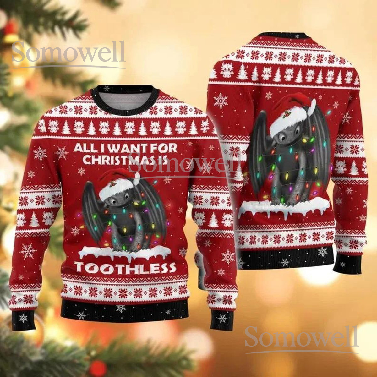 Toothless All I Want For Christmas Ugly Christmas Sweater Funny Dragon Holiday Knit Jumper Gift