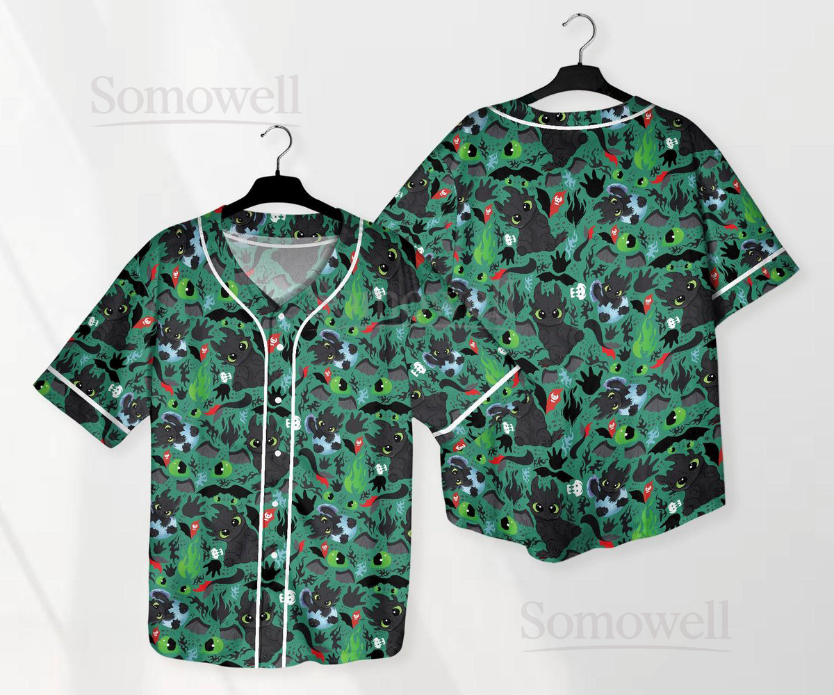 Custom Toothless Baseball Jersey Shirt for Dragon Lovers Black and Green Fantasy Cartoon Dragon Pattern Gift Apparel