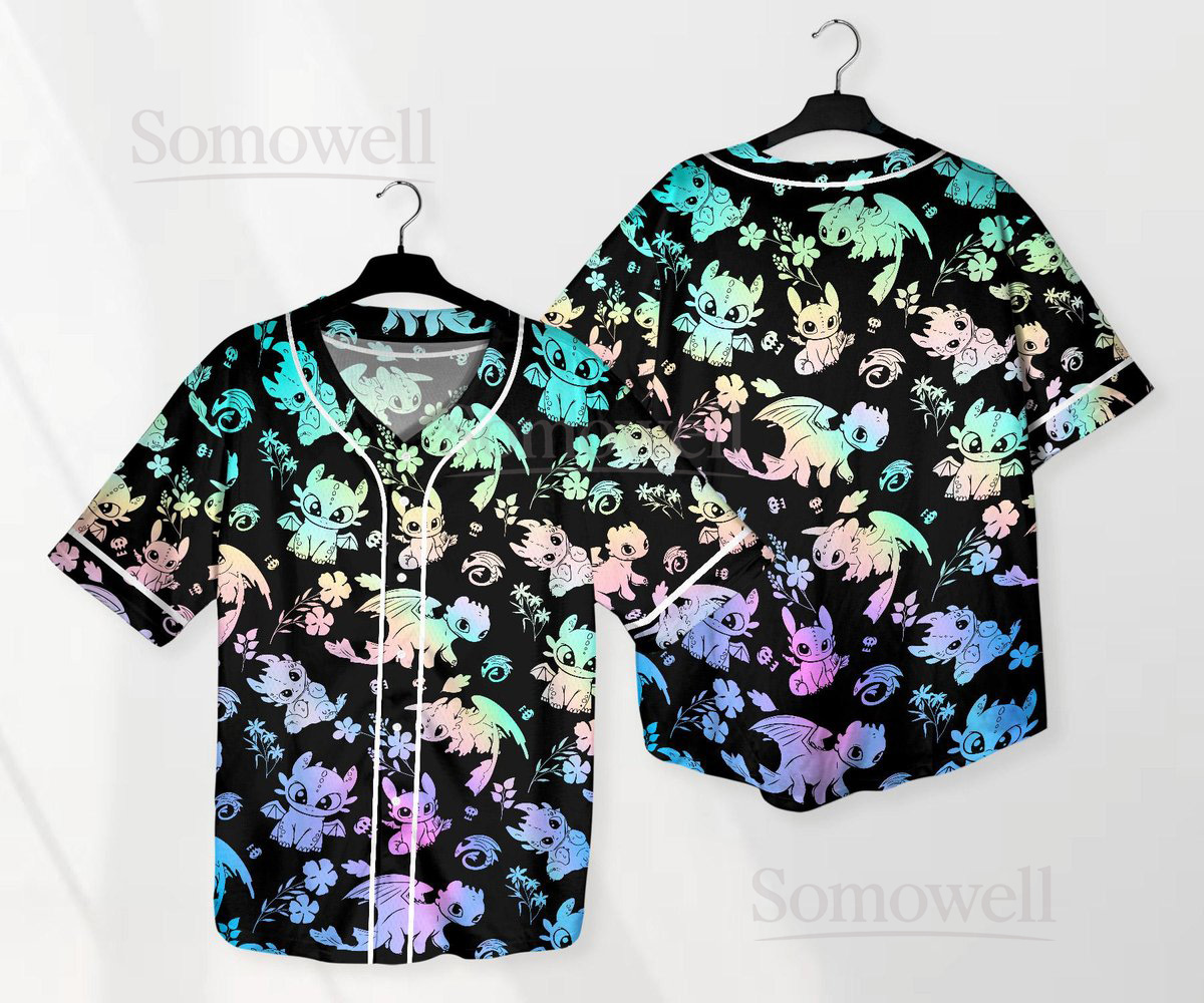Custom Toothless Baseball Jersey Shirt with Colorful Pastel Design, Personalized Team Name and Player Number