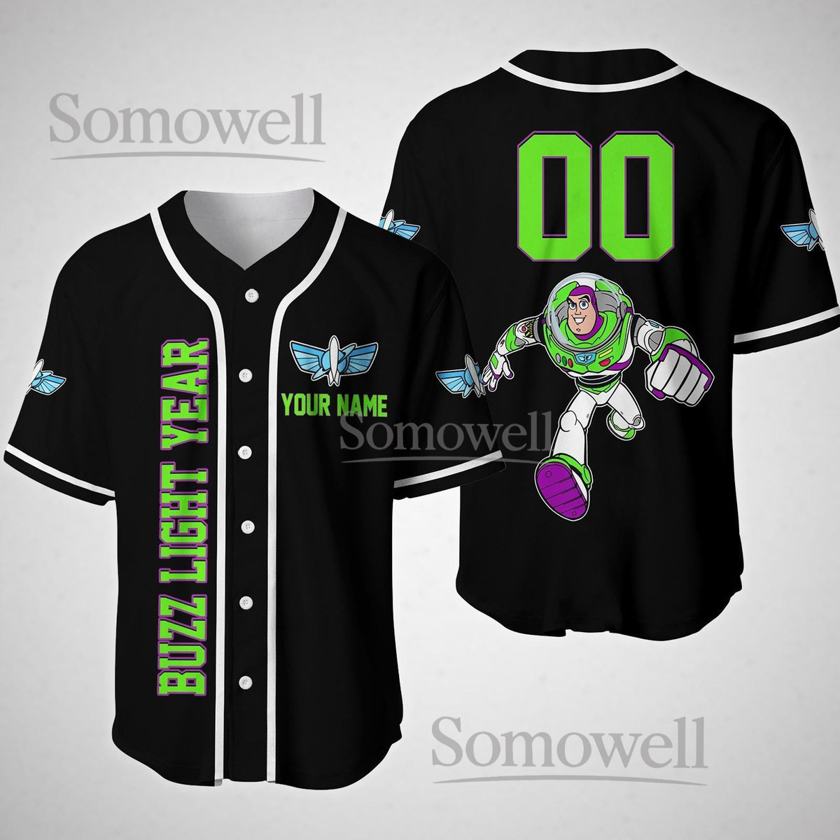 Toy Story Buzz Lightyear Baseball Jersey Shirt Black Green Cartoon Space Ranger Custom Gift