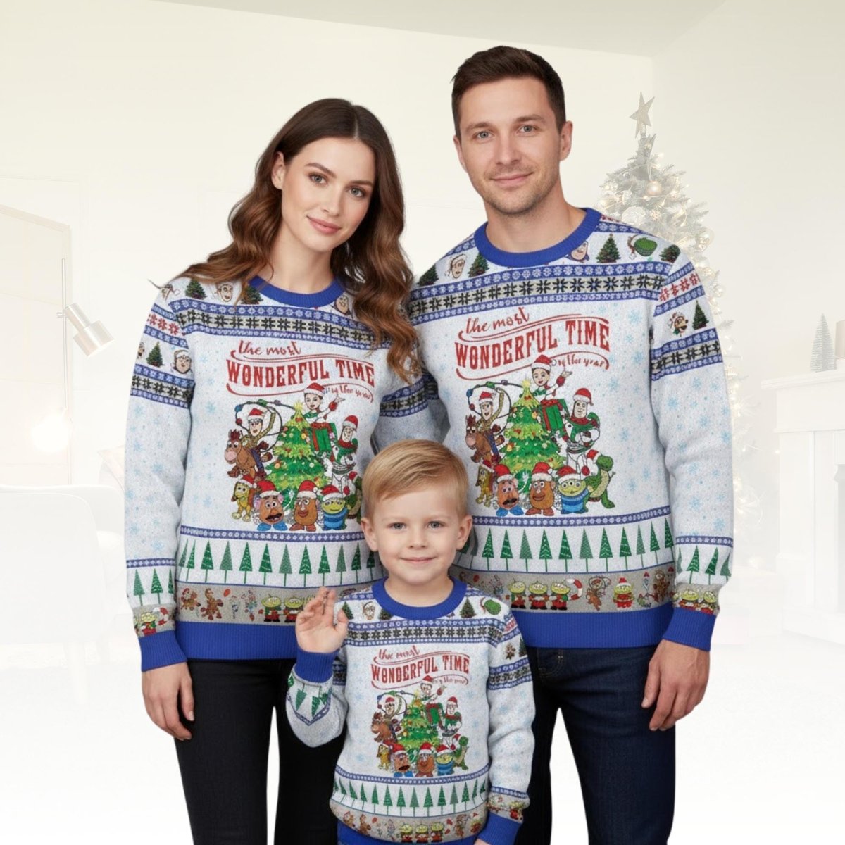 Toy Story Christmas Ugly Sweater Wonderful Time Pixar Character Holiday Blue Knit Jumper