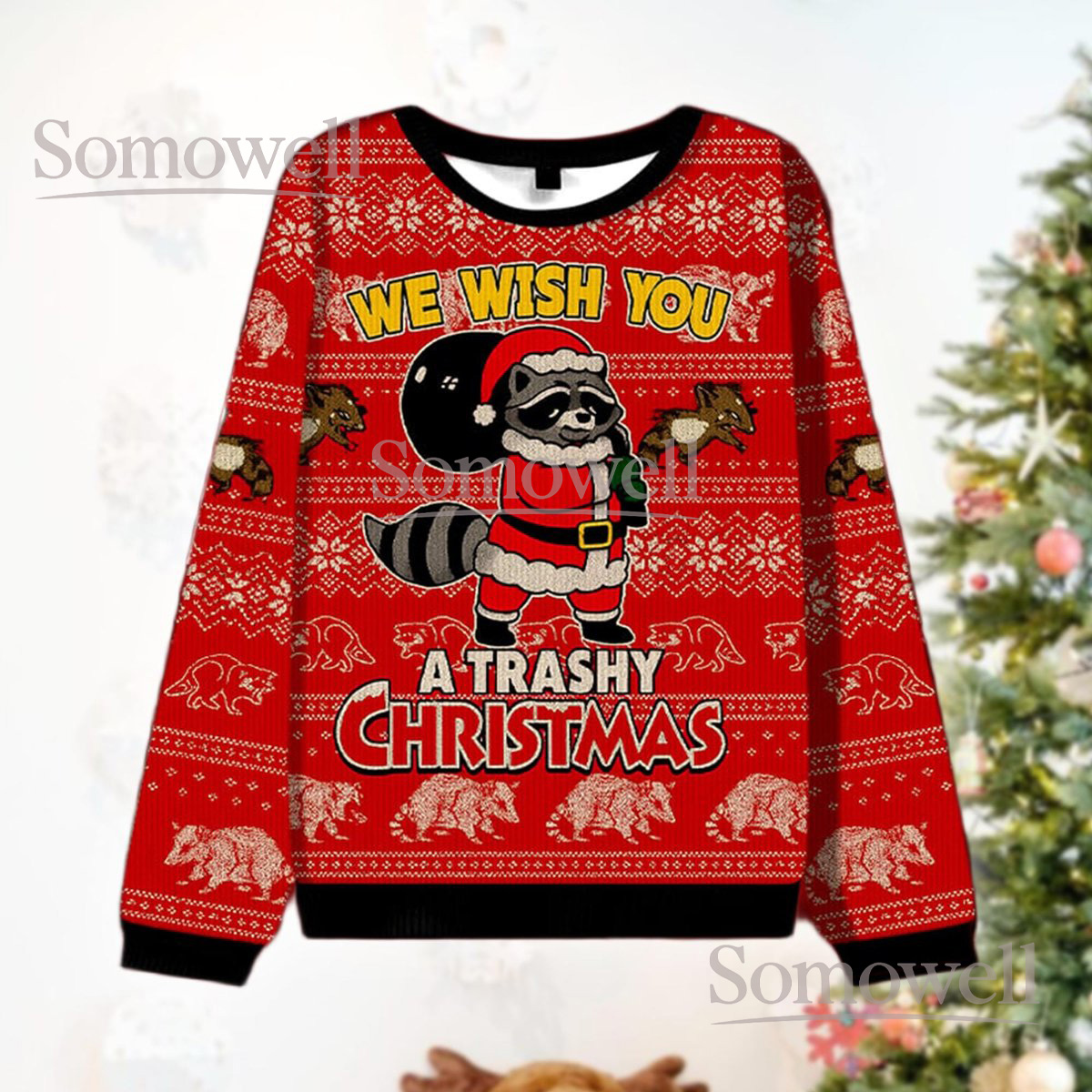 We Wish You A Trashy Christmas Raccoon Funny Red Ugly Sweater Holiday Knit Jumper