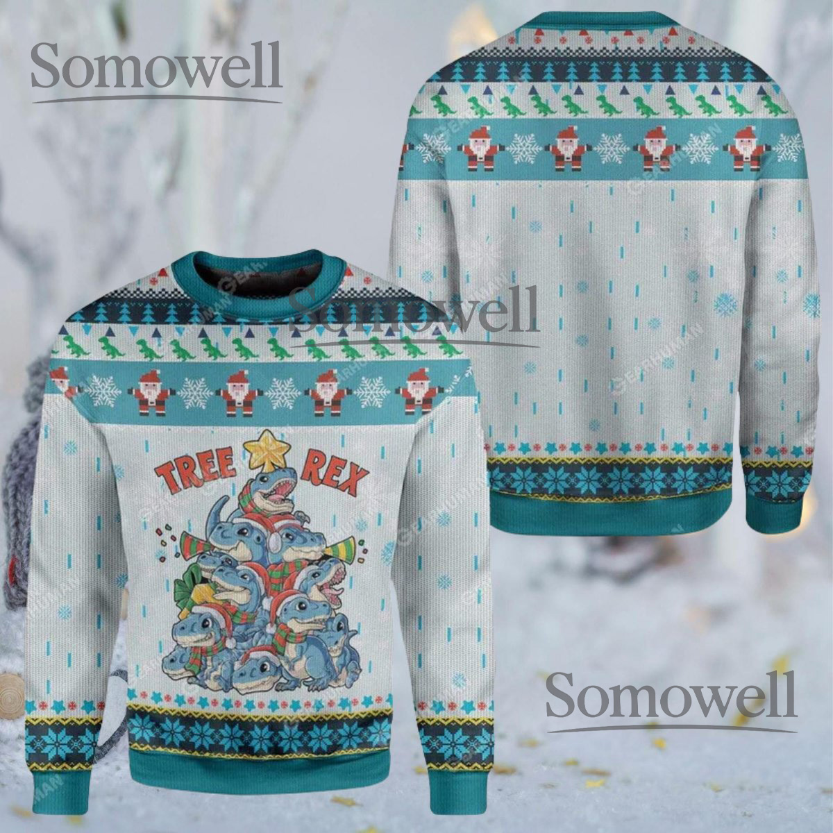 Tree Rex Dinosaur Cute T-Rex Stack Christmas Tree Ugly Christmas Sweater Holiday Gift