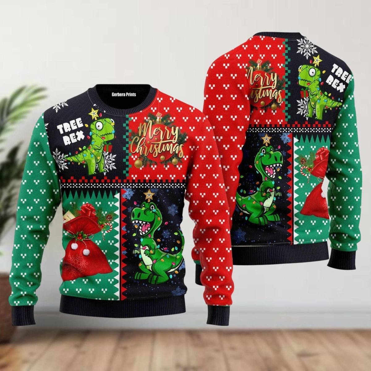 Tree Rex Merry Christmas Red Green Ugly Sweater Funny Dinosaur Holiday Knit Jumper