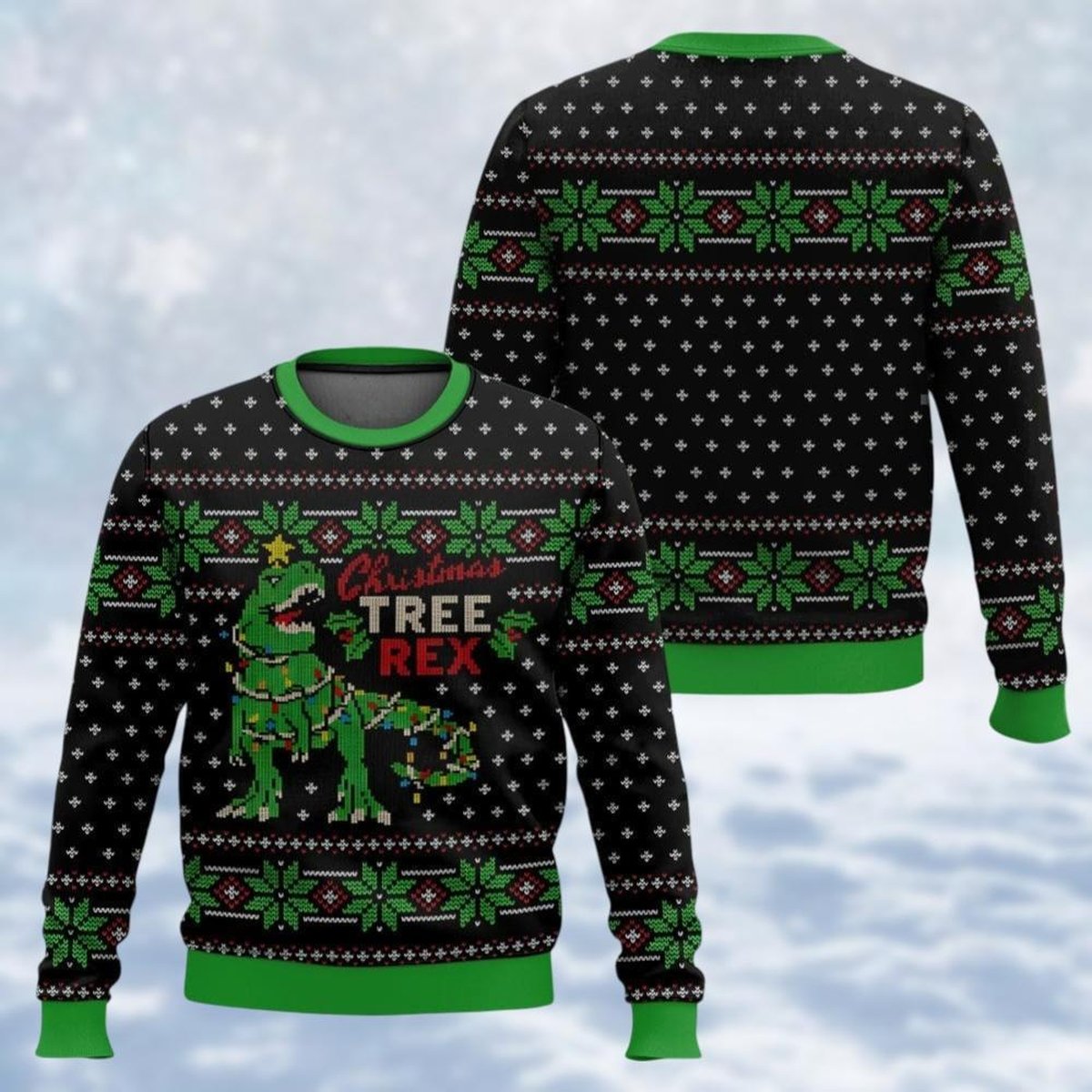 Tree Rex Black Green Christmas Ugly Sweater Funny Dinosaur Holiday Knit Jumper