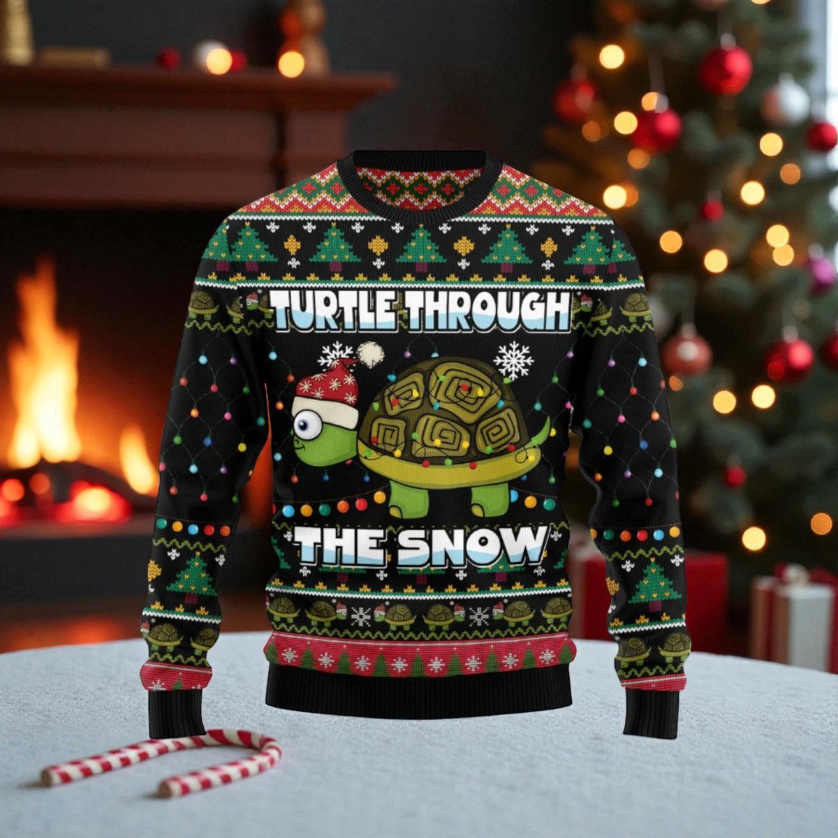 Turtle Through The Snow Ugly Christmas Sweater Funny Turtle Pattern Holiday Knit Jumper
