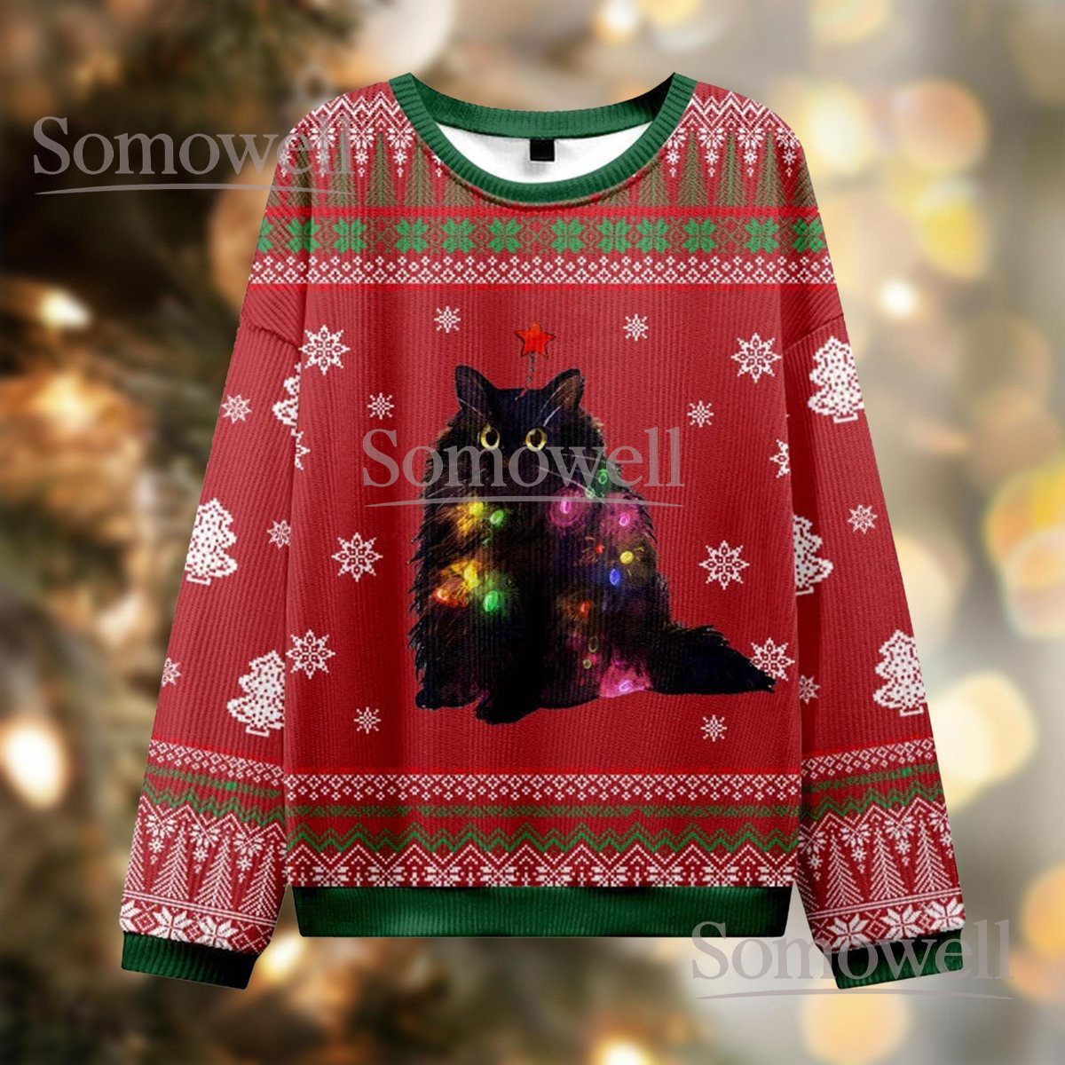 Black Cat Christmas Lights Ugly Sweater Funny Festive Kitty Holiday Knit Jumper Gift