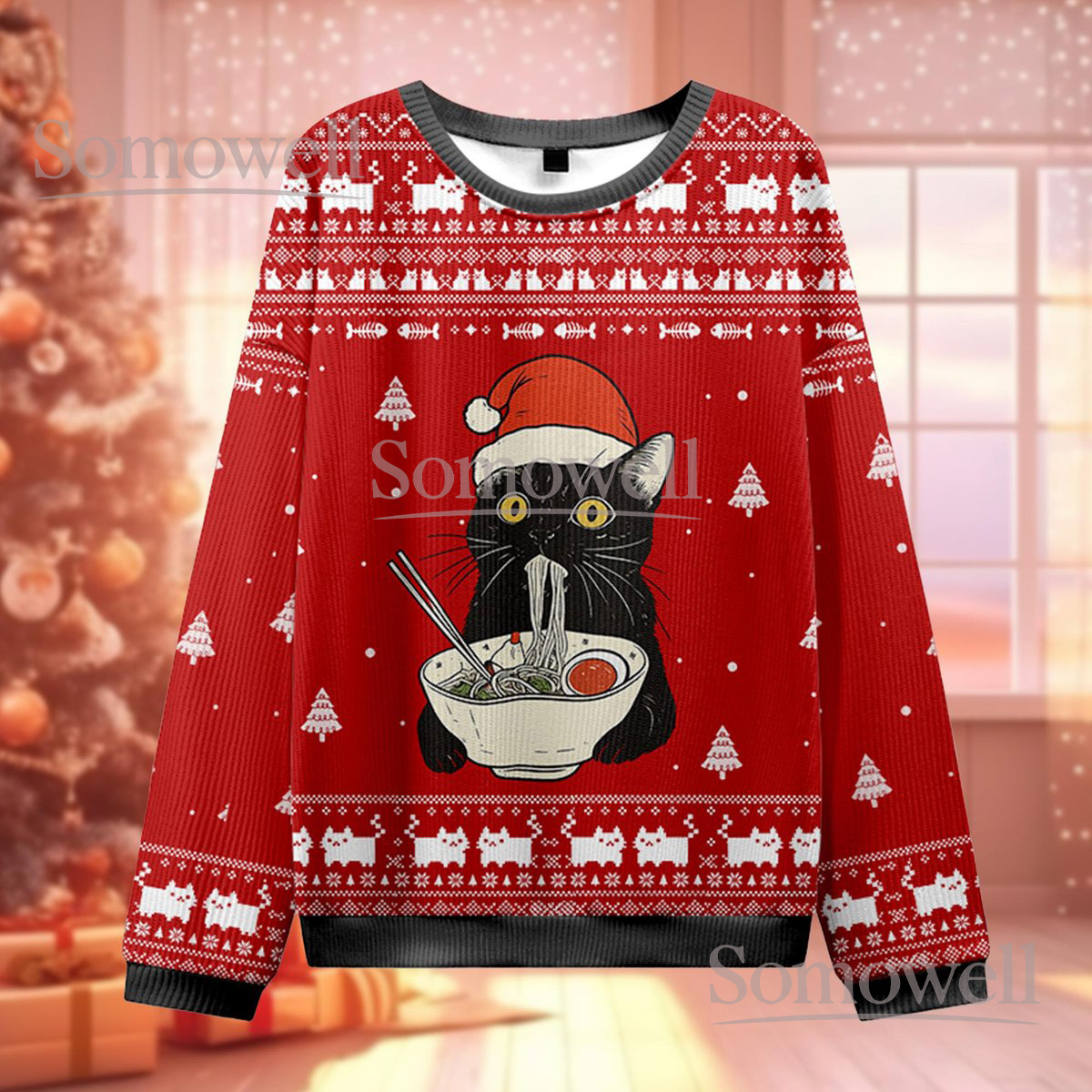 Black Cat Ramen Ugly Christmas Sweater Funny Noodle Bowl Kitty Holiday Knit Jumper Gift