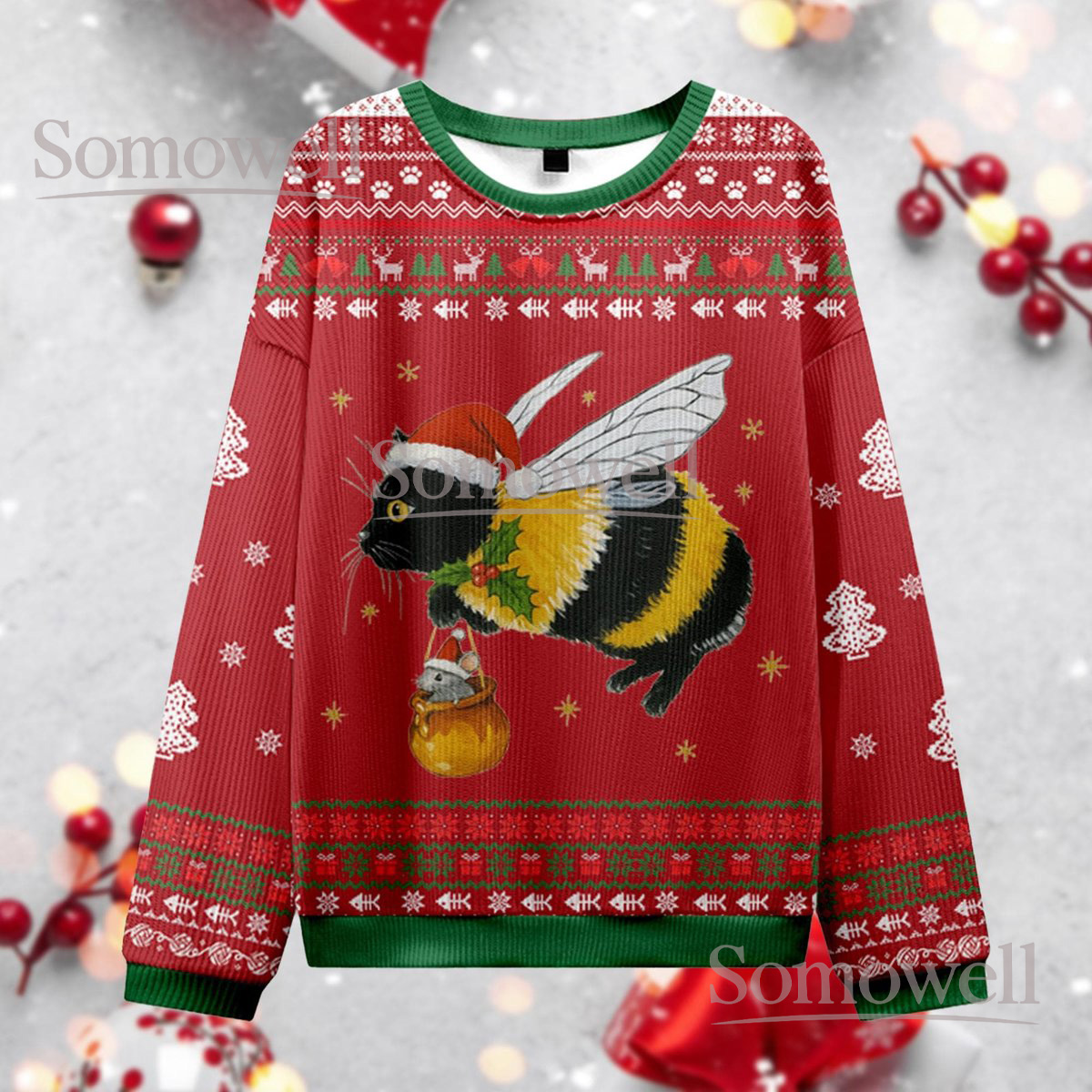 Ugly Bumblebee Cat Christmas Sweater Funny Kitty Bee Holiday Knit Jumper Gift