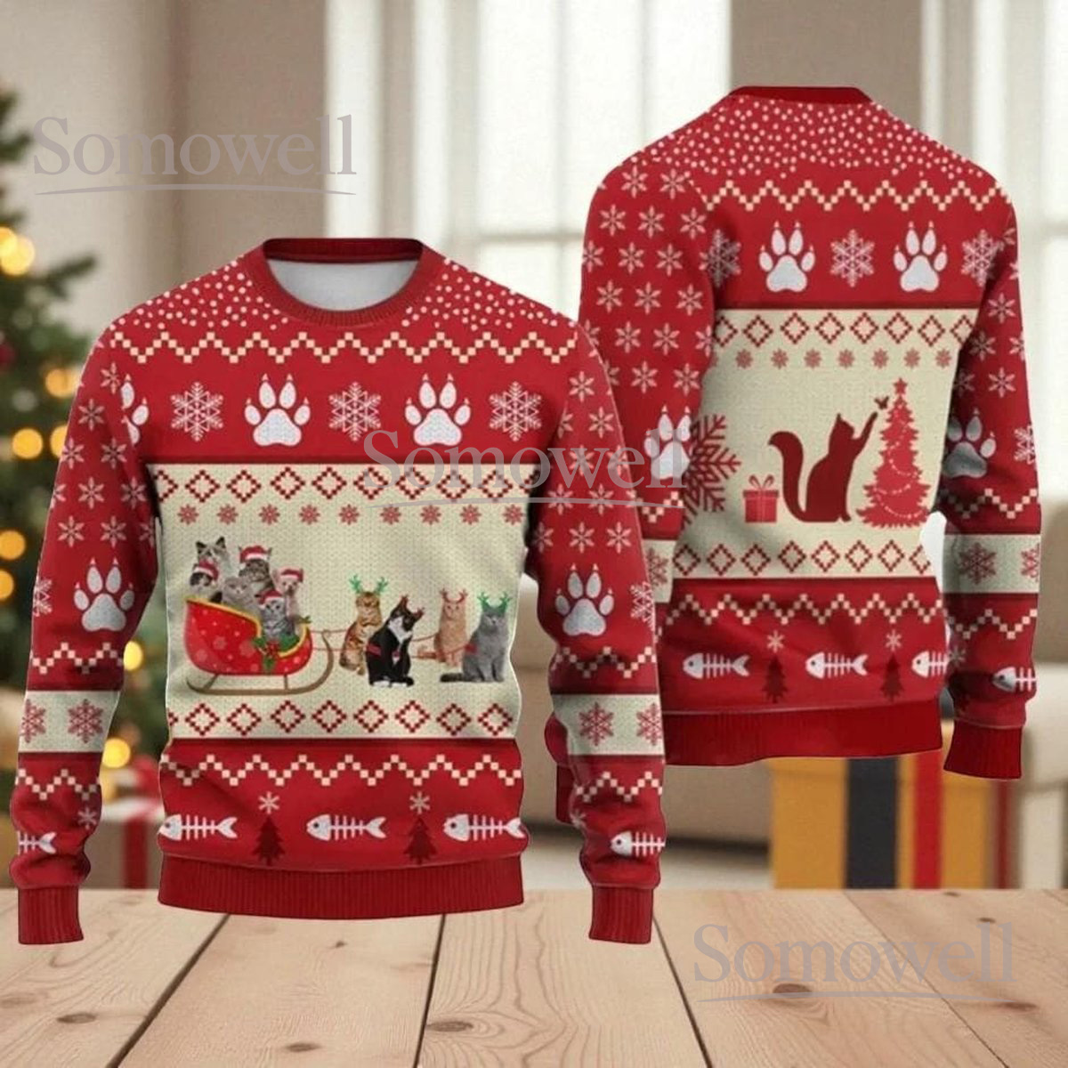 Cats Sleigh Christmas Red Ugly Sweater Cute Pet Holiday Knit Jumper