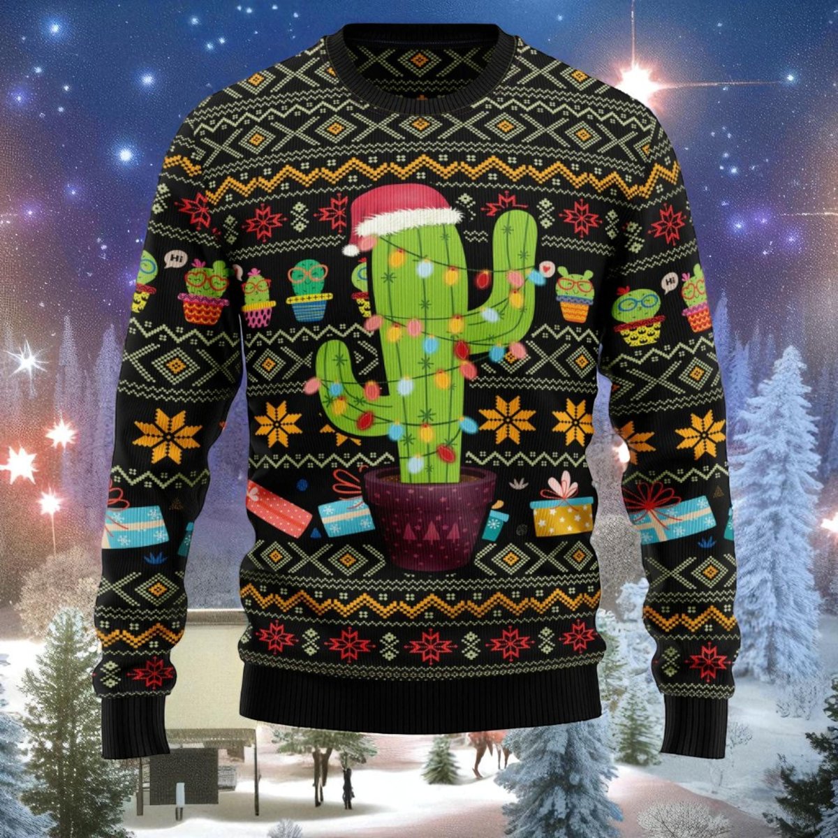 Christmas Cactus Black Ugly Christmas Sweater Funny Succulent Holiday Knit Jumper