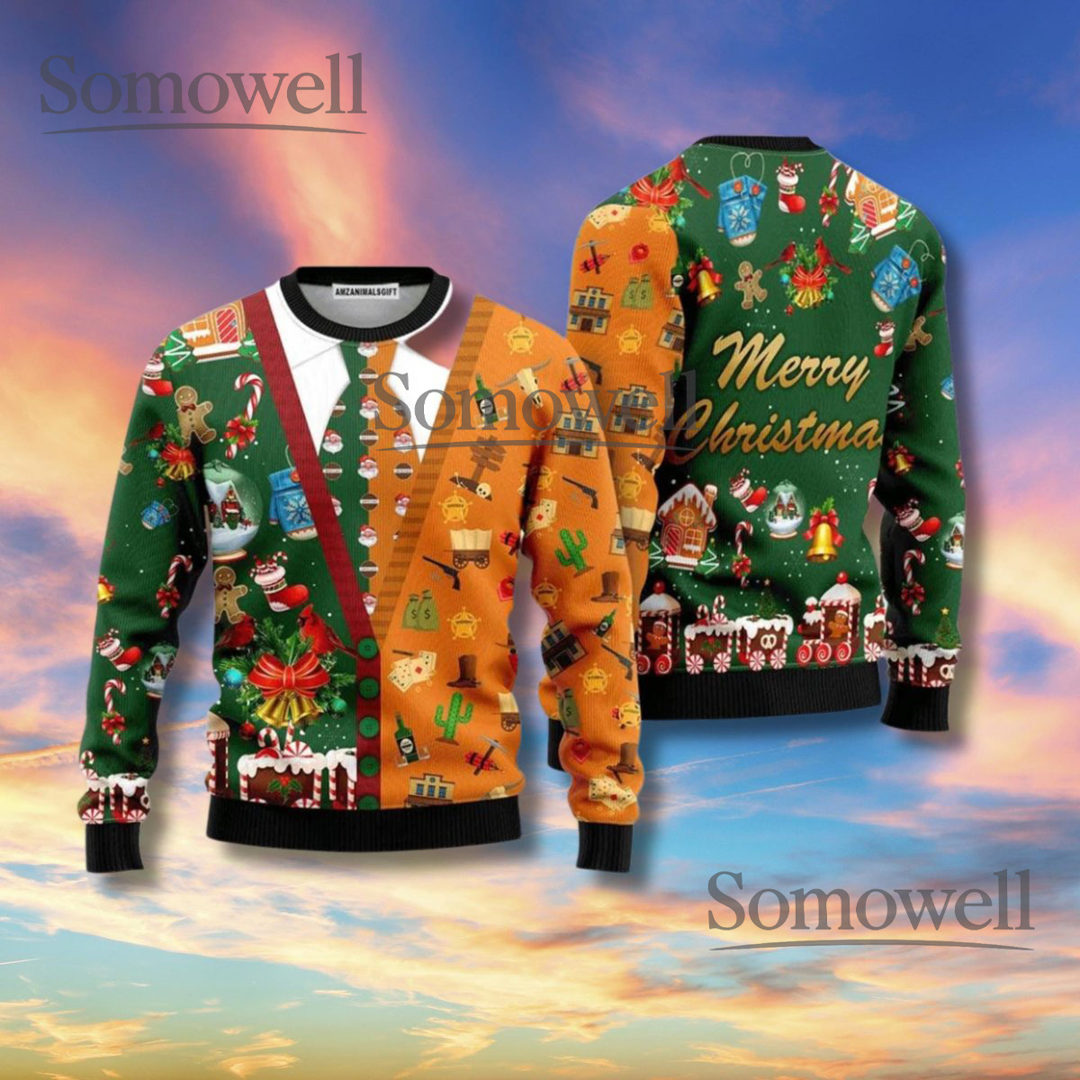 Ugly Christmas Cardigan Sweater Suit Tie Print Green Orange Cactus Gingerbread Unisex