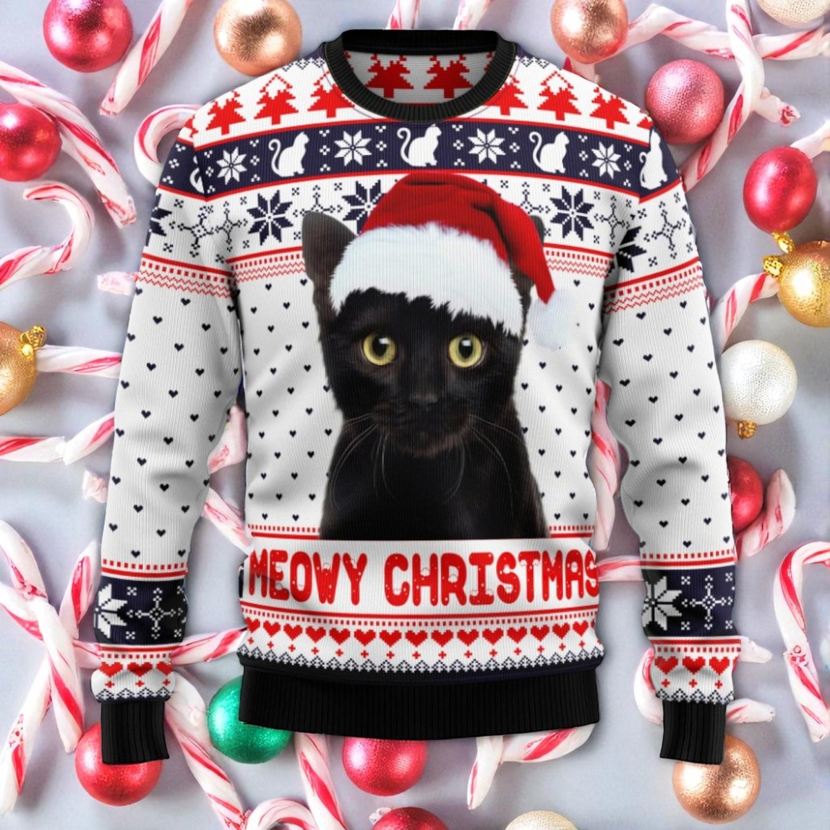Meowy Christmas Black Cat Ugly Christmas Sweater Cute Feline Holiday Knit Jumper