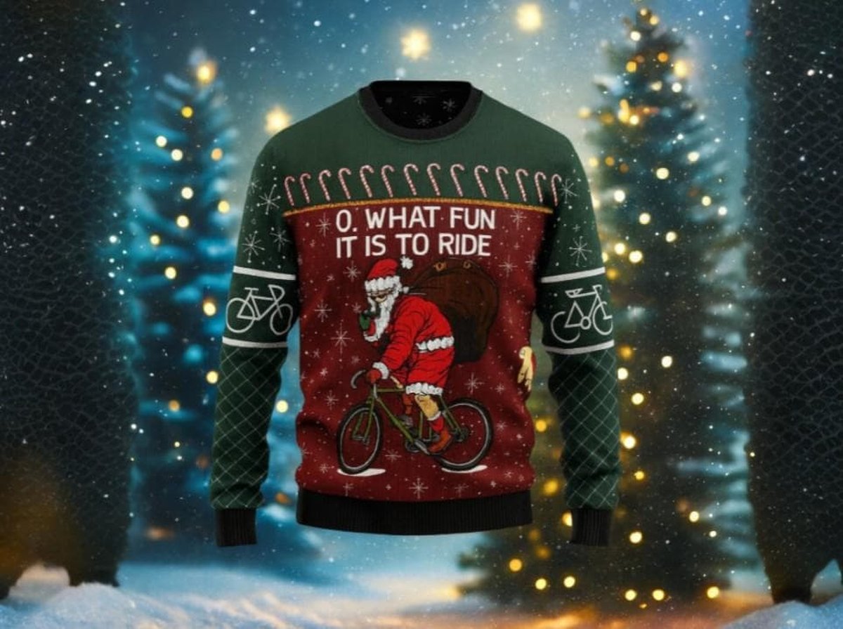 Santa Claus Bicycle Ride Red Green Ugly Christmas Sweater Funny Cycling Holiday Knit Jumper
