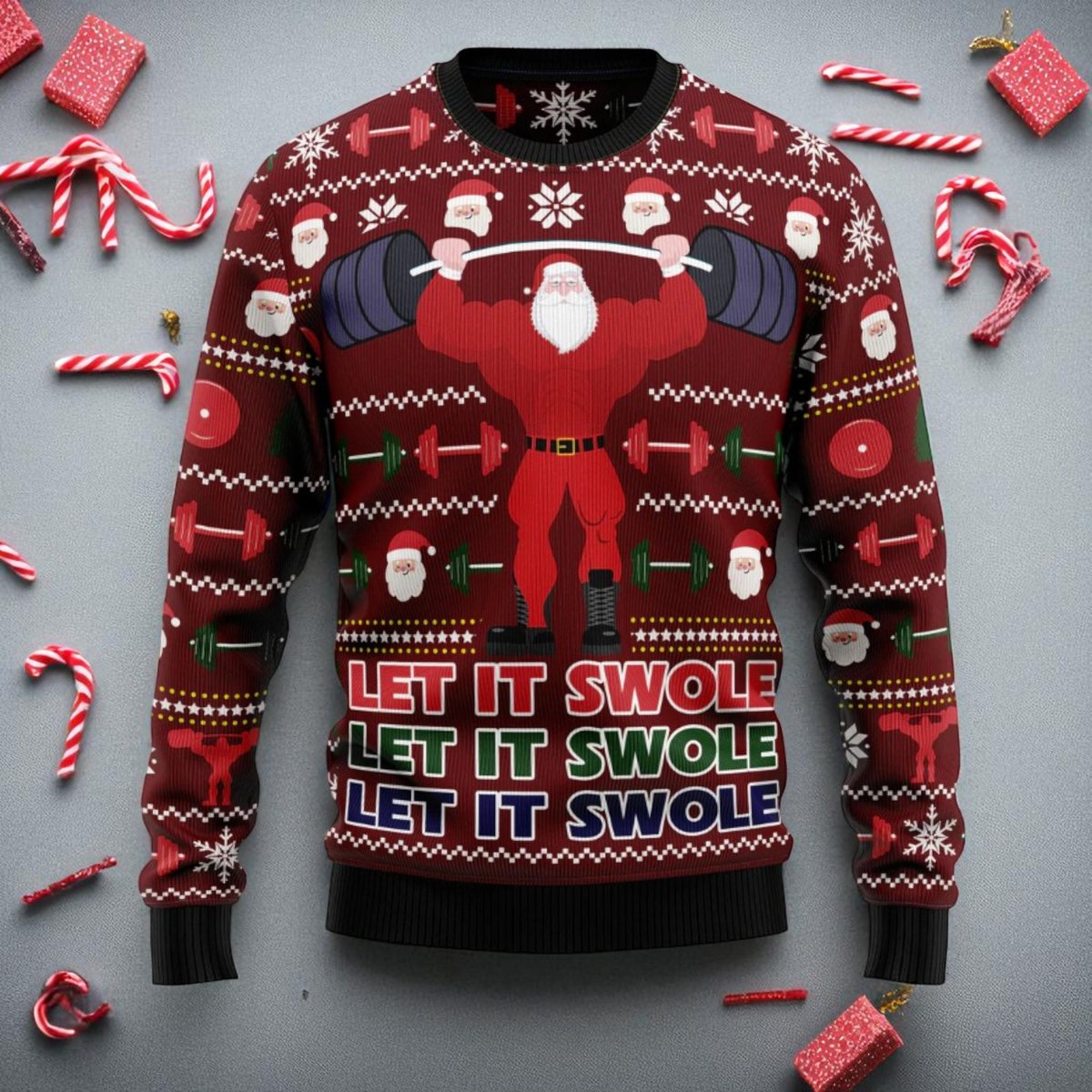 Let It Swole Santa Gym Red Ugly Christmas Sweater Funny Fitness Holiday Knit Jumper