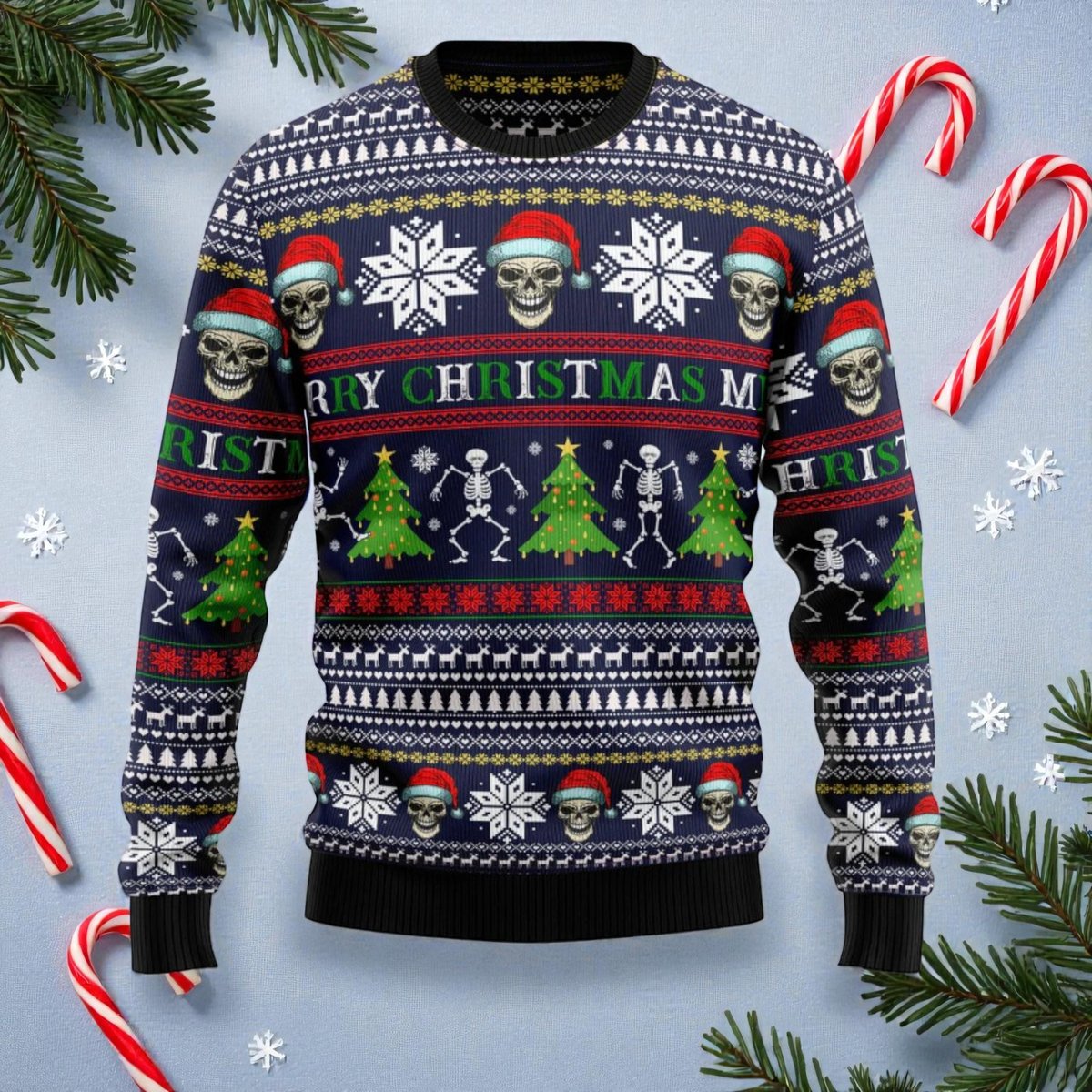 Merry Christmas Skeleton Skull Black Ugly Christmas Sweater Gothic Holiday Knit Jumper