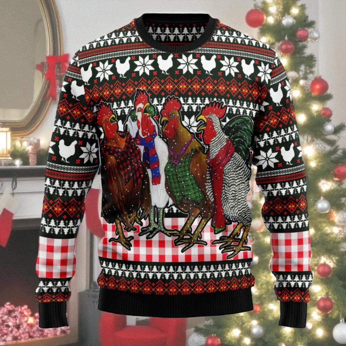 Chicken in the Snow Ugly Christmas Sweater Funny Rooster Farm Holiday Knit Jumper
