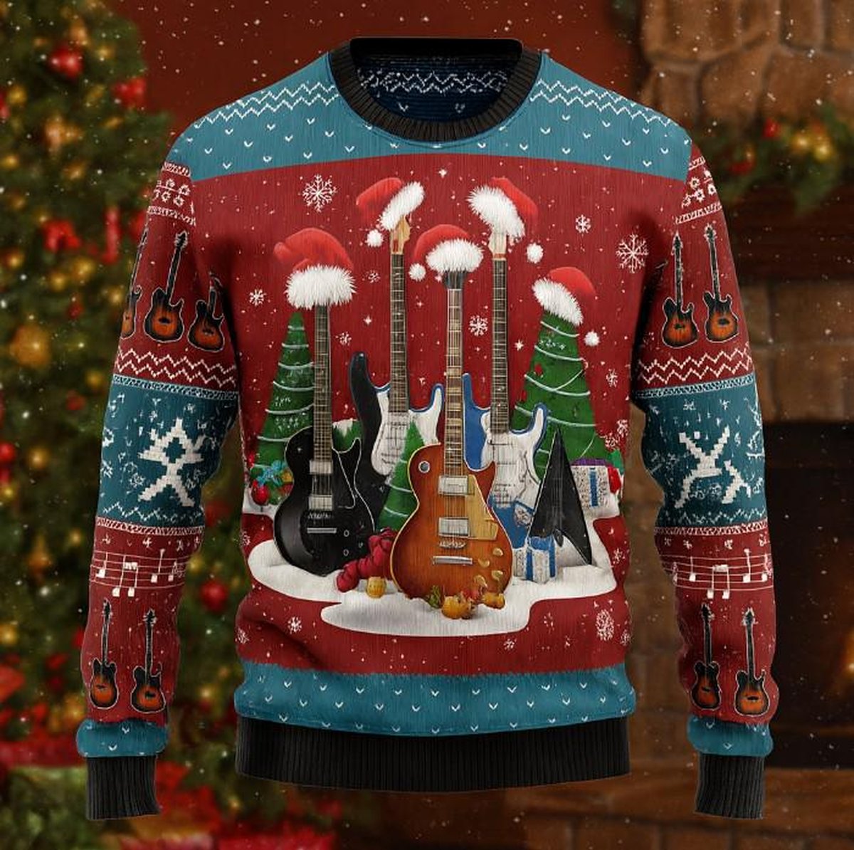 Christmas Guitar Red Blue Ugly Christmas Sweater Music Lover Holiday Knit Jumper