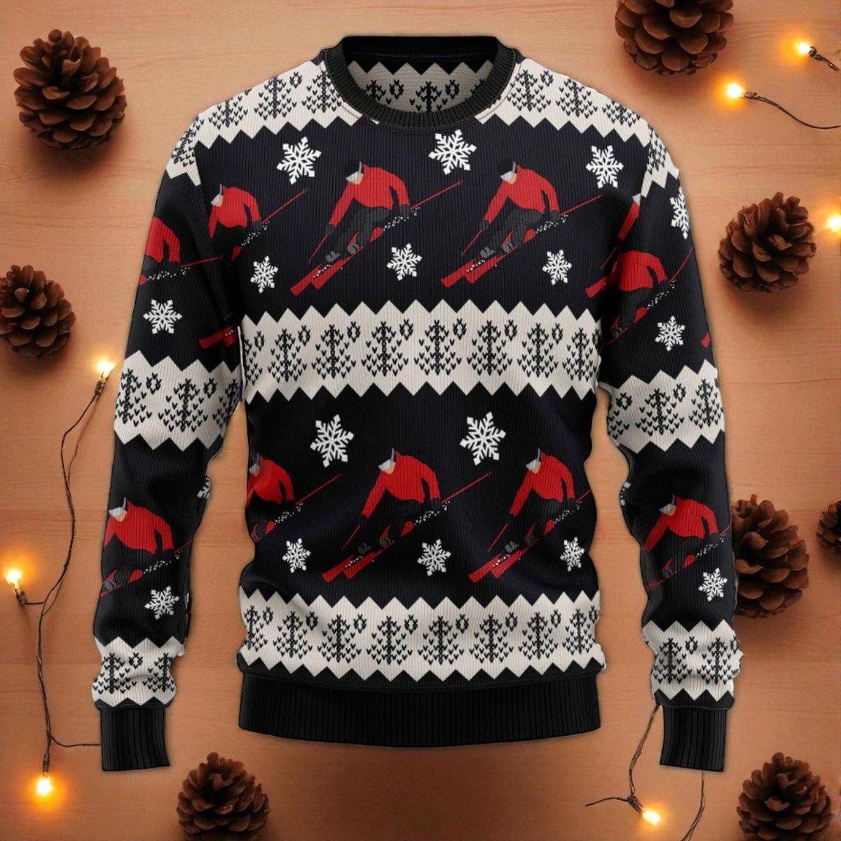 Skiing Santa Black Ugly Christmas Sweater Winter Sports Holiday Knit Jumper