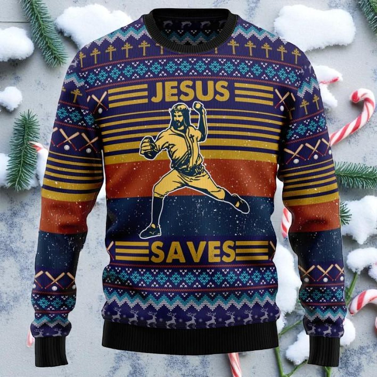Jesus Saves Baseball Funny Ugly Christmas Sweater Religious Sports Holiday Knit Jumper