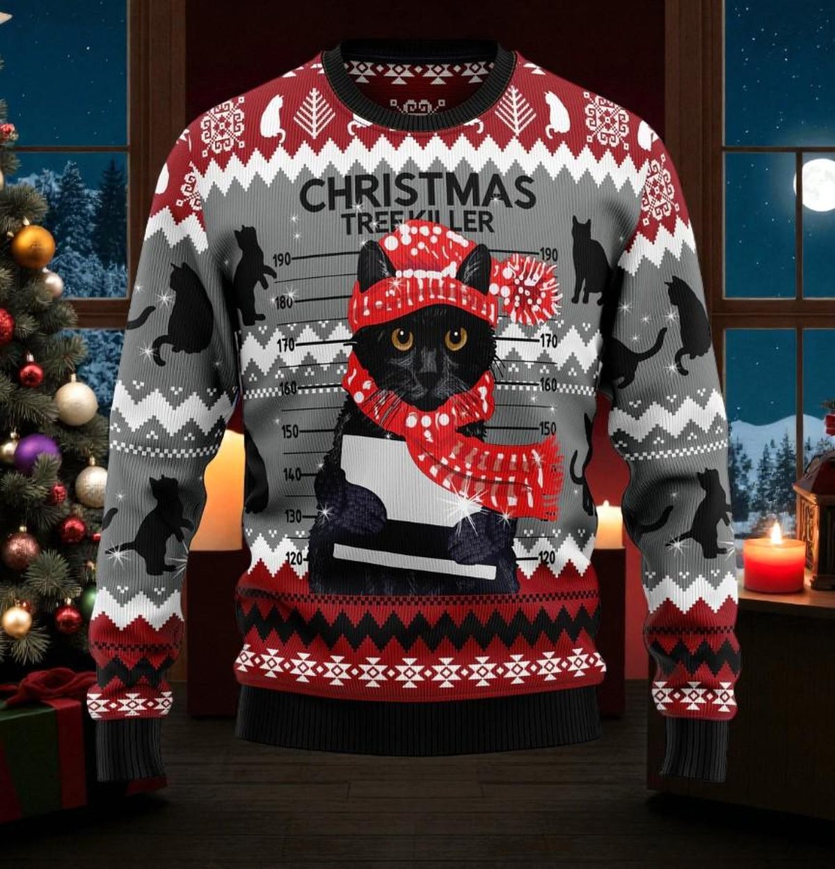 Christmas Tree Killer Black Cat Ugly Christmas Sweater Funny Feline Holiday Knit Jumper