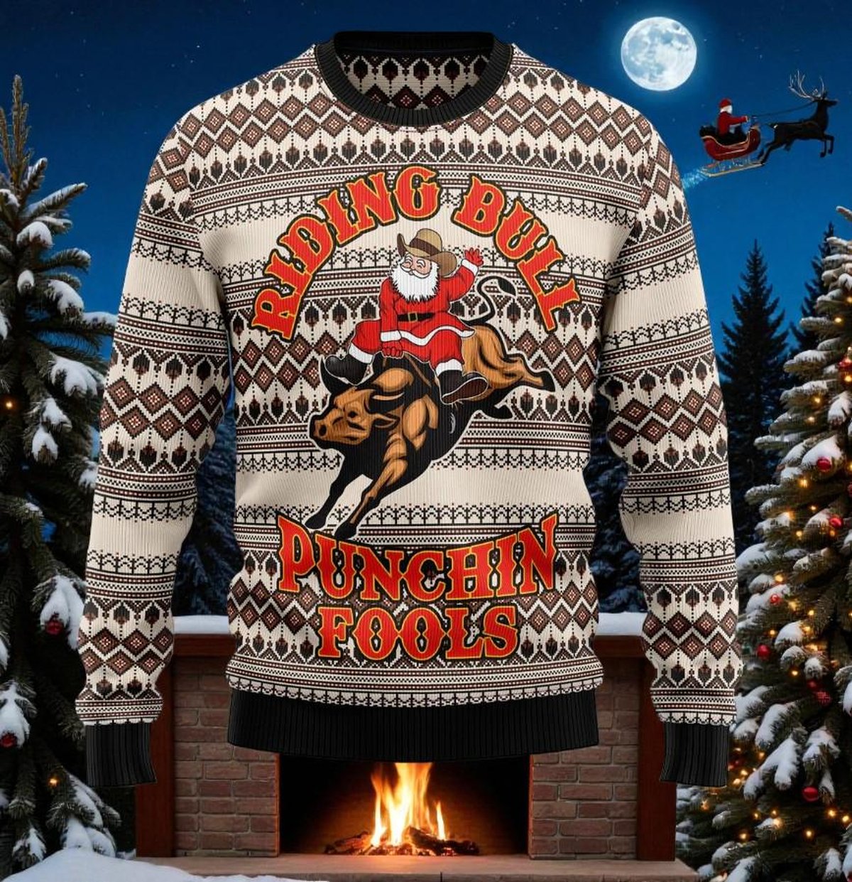 Riding Bull Punchin Fools Santa Cowboy Ugly Christmas Sweater Western Rodeo Holiday Knit Jumper
