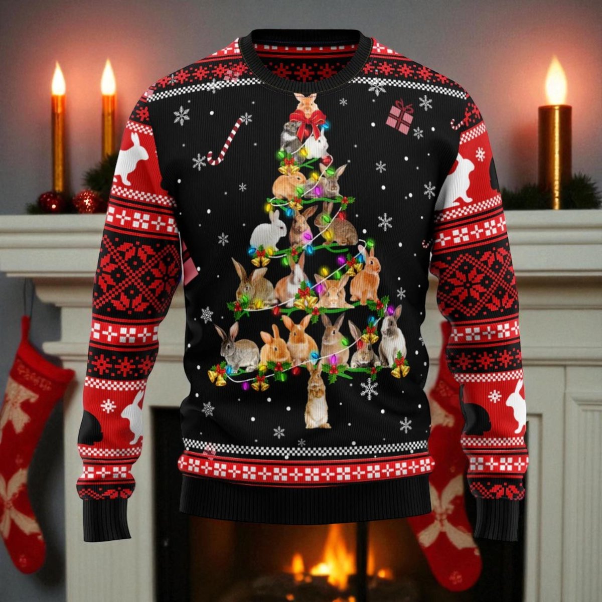 Bunny Tree Black Ugly Christmas Sweater Cute Rabbit Holiday Knit Jumper