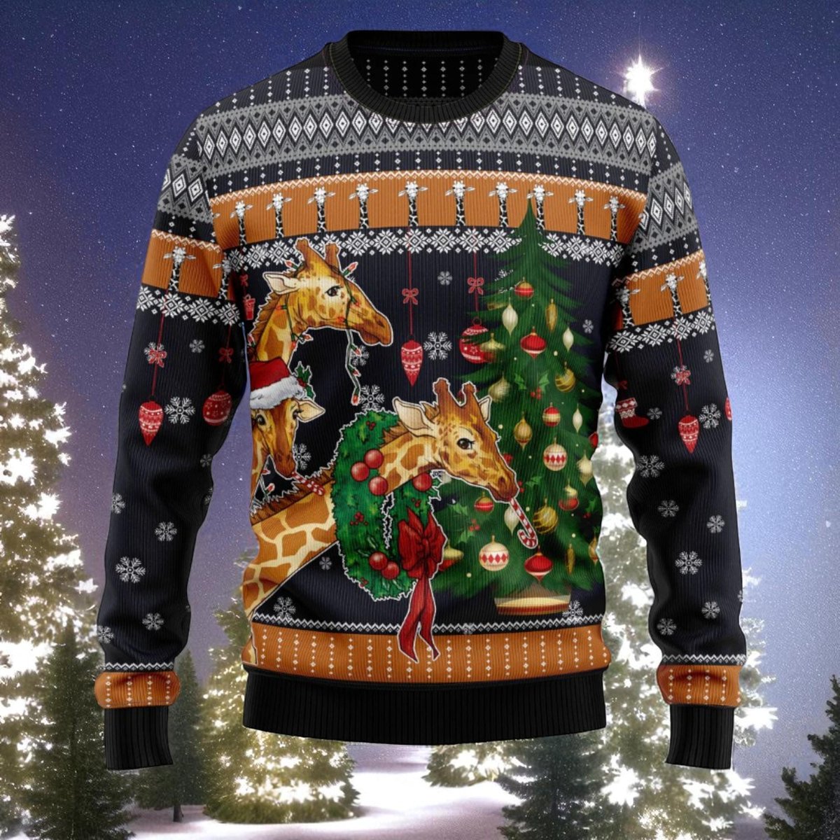 Giraffe Christmas Tree Ugly Sweater Funny Animal Holiday Knit Pullover Gift