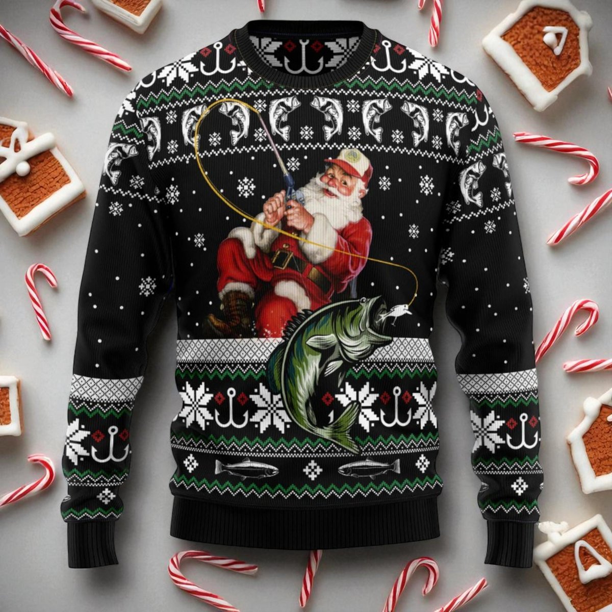 Santa Fishing Ugly Christmas Sweater Funny Fisherman Holiday Pullover Gift