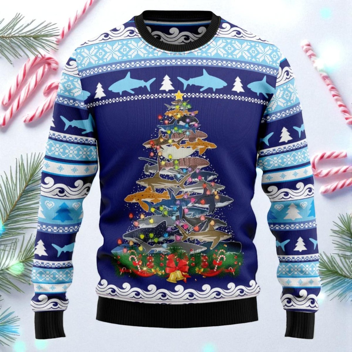 Shark Christmas Tree Ugly Sweater Funny Ocean Holiday Knit Pullover Gift