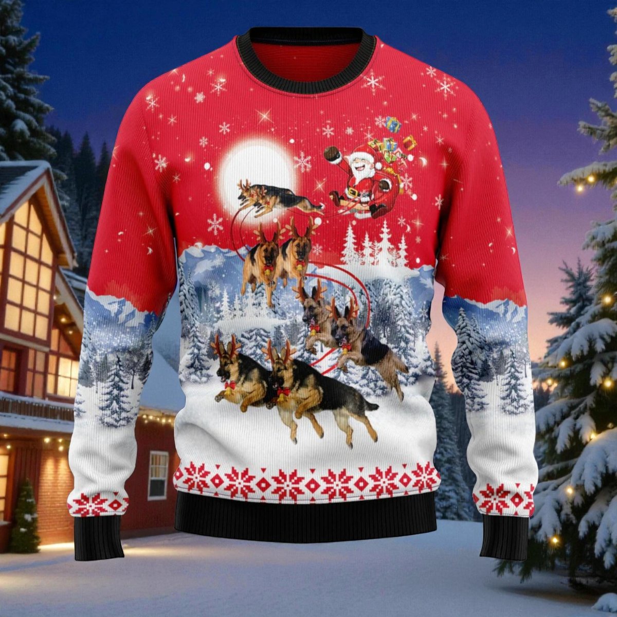 German Shepherd Santa Sleigh Ugly Christmas Sweater Dog Holiday Pullover