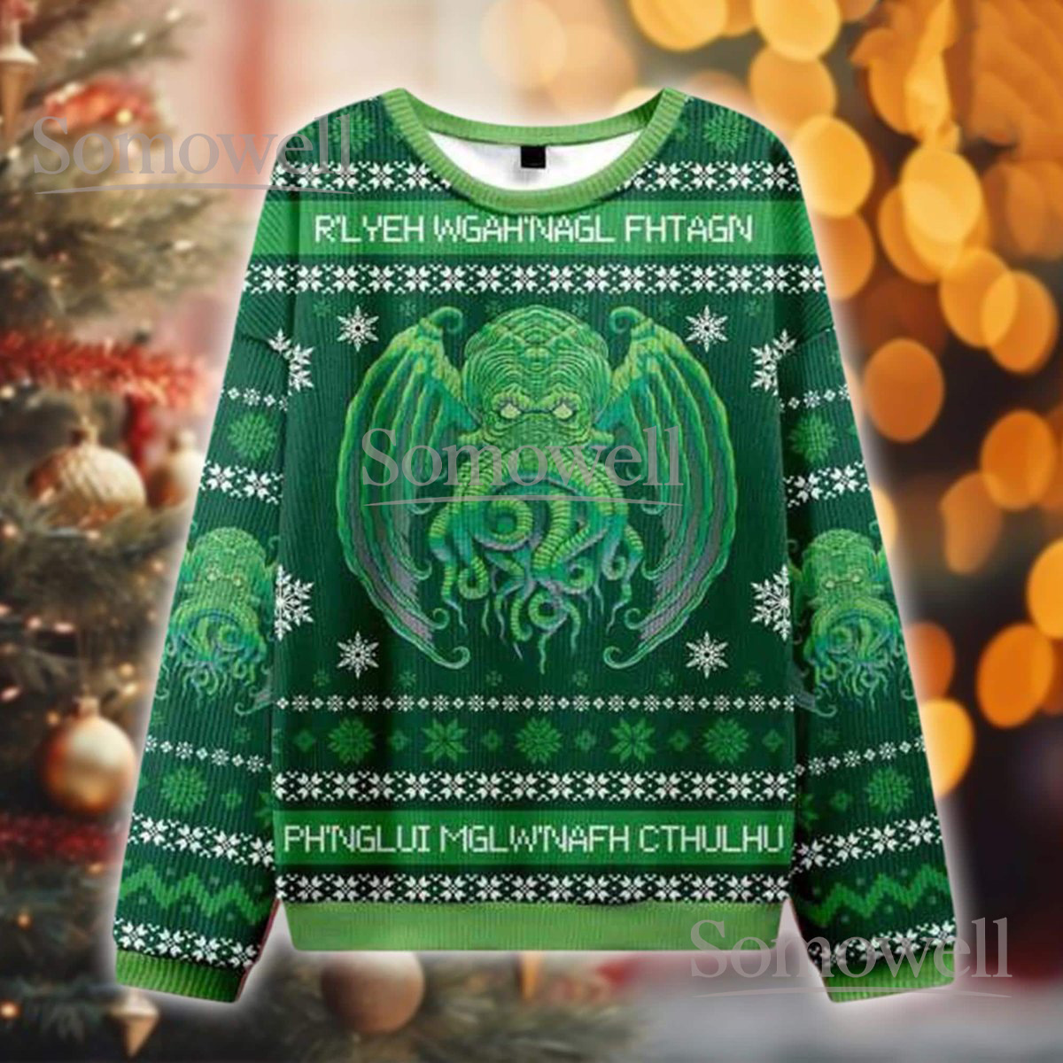 Cthulhu Mythos Ugly Christmas Sweater Lovecraft Green Monster Holiday Knit Jumper Gift