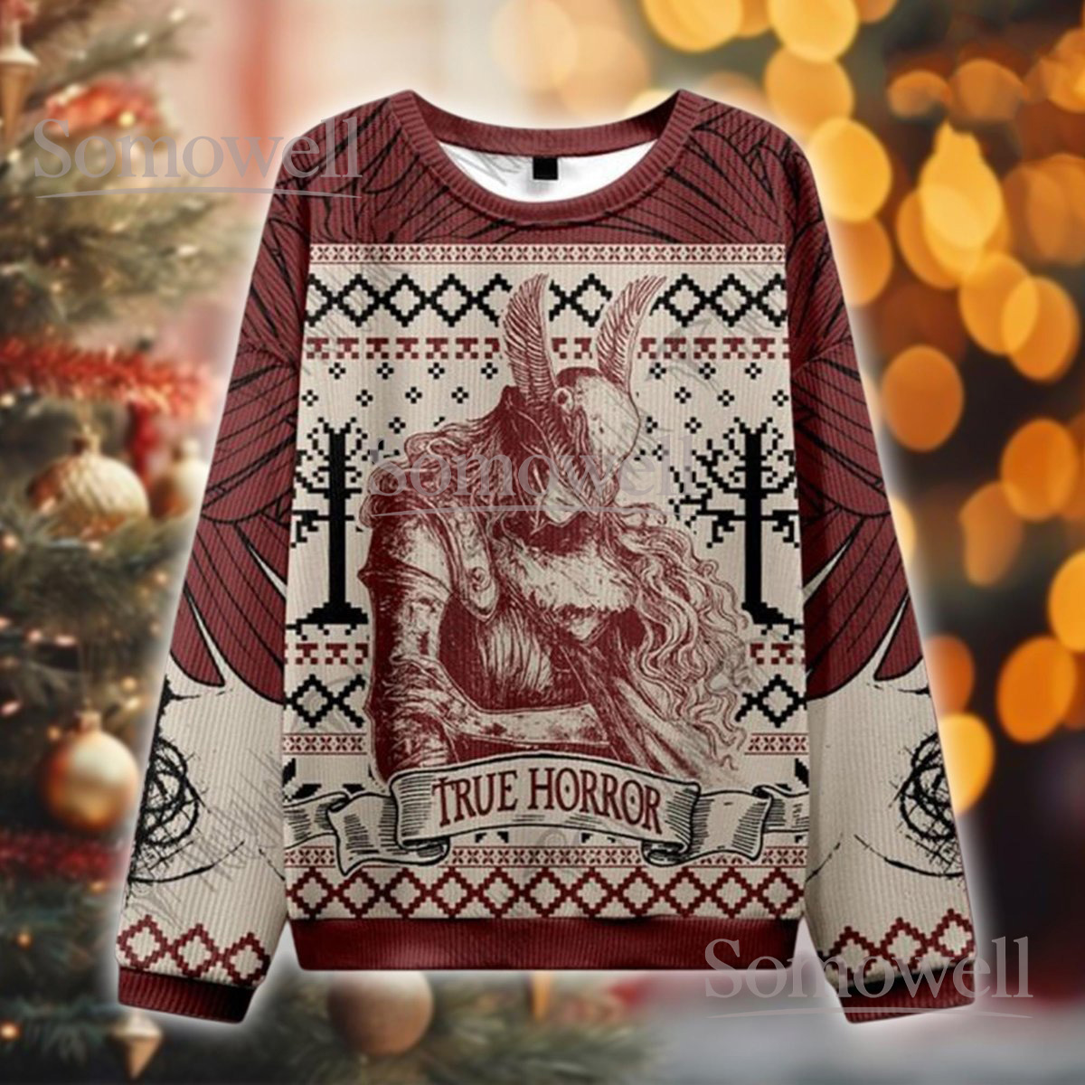 True Horror Warrior Ugly Christmas Sweater Gothic Knight Fantasy Holiday Knit Jumper Gift