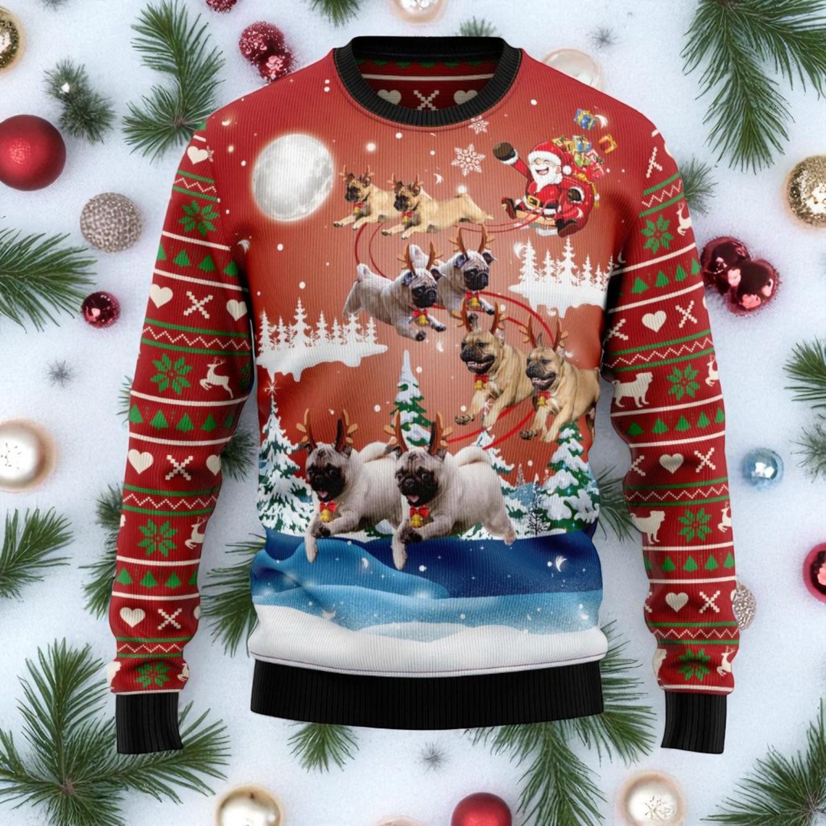 Pug Dog Santa Sleigh Ugly Christmas Sweater Funny Pet Holiday Pullover Gift